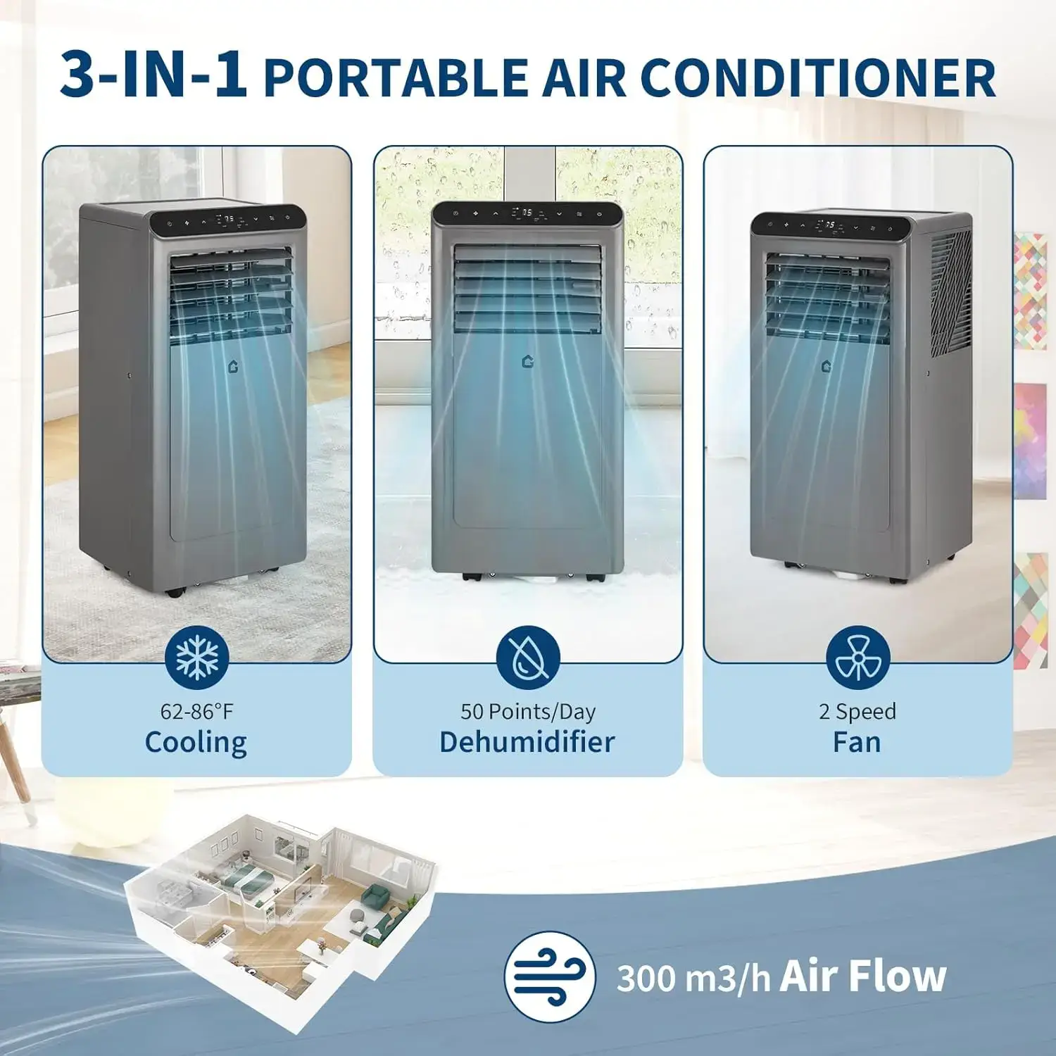10000 BTU Portable Air Conditioners, 4-In-1 Portable AC Unit for Rooms Up to 350 Sq. Ft, Dehumidifier, Fan, Energy Saving, Remote Control, 24 Hour Timer, Sleep Mode, for Bedroom/Office