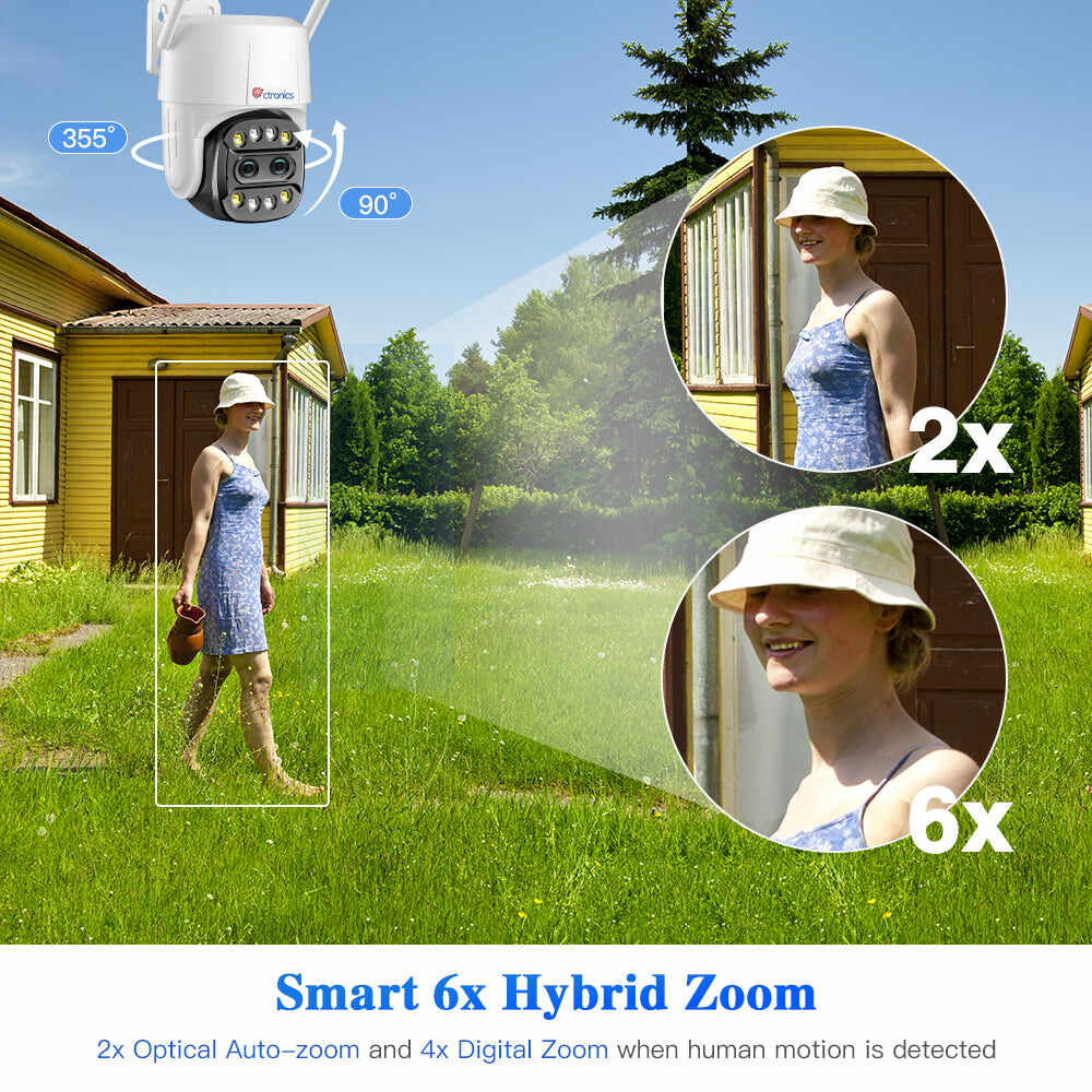 【2nd item $19.99】Ctronics 6X Hybrid Zoom Outdoor Surveillance Camera with Dual Lens