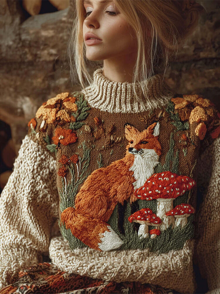 Fall Fox Embroidery Women's Knit Turtleneck Sweater
