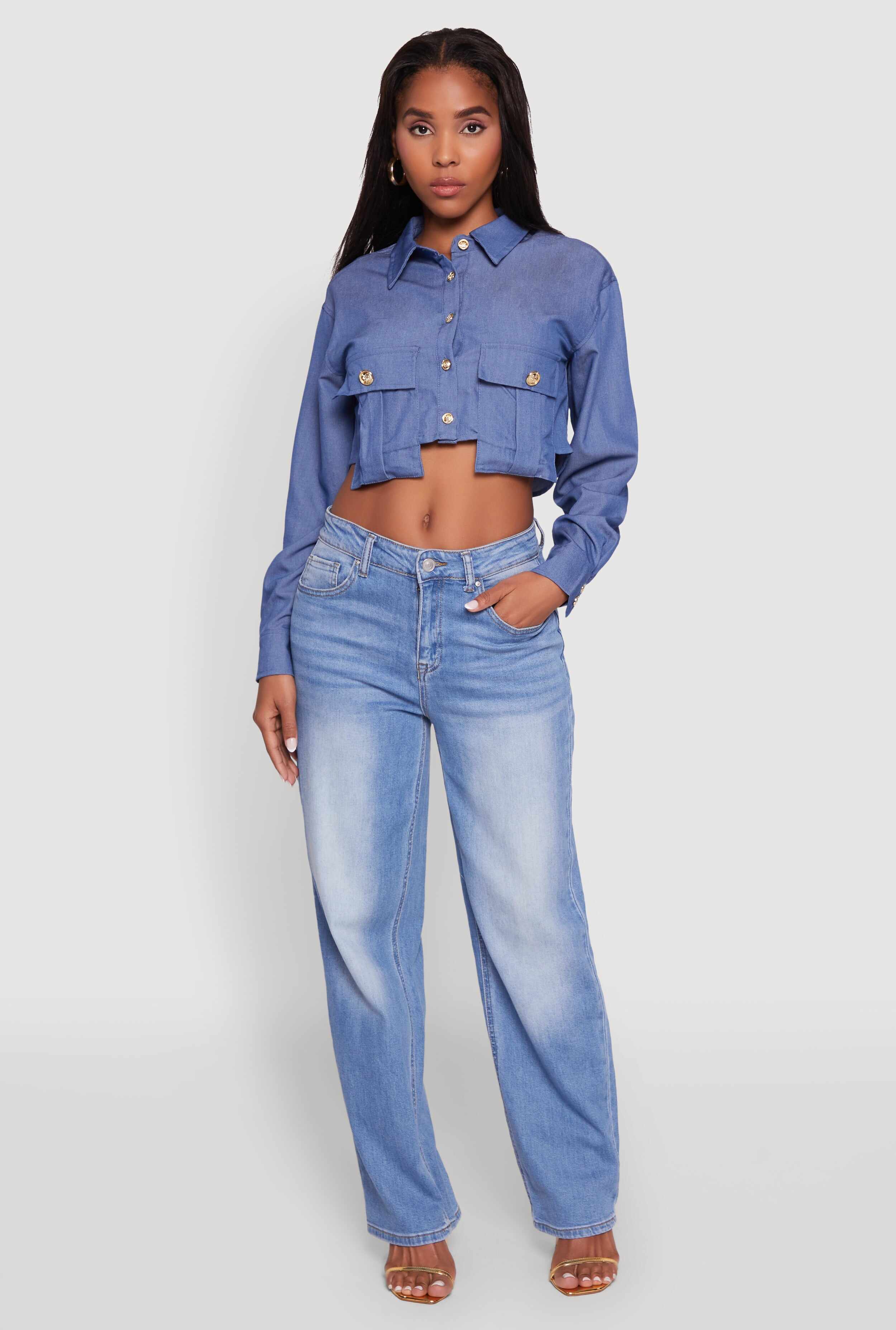 Classic Fit Long Sleeve Cropped Shirt with Flap Pocket