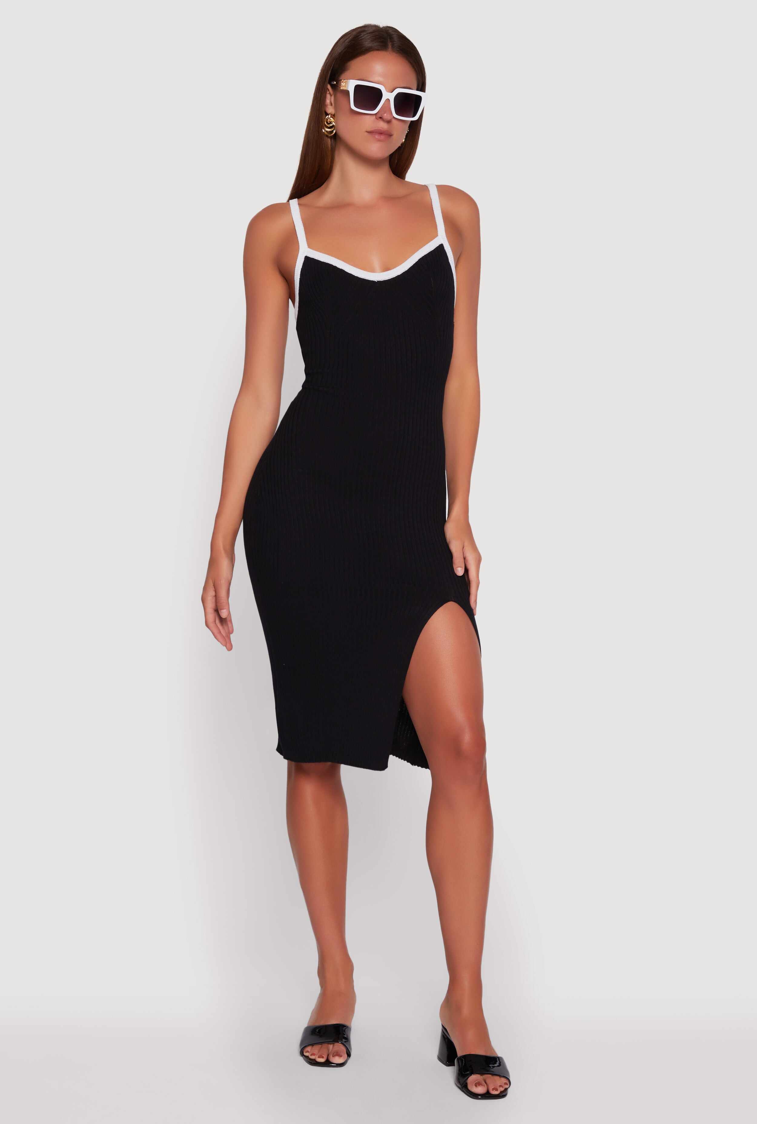 Contrast Trim Front Slit Cami Dress