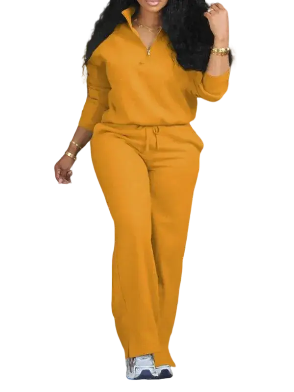 Women's Solid Half Placket Split Hem Pants Set