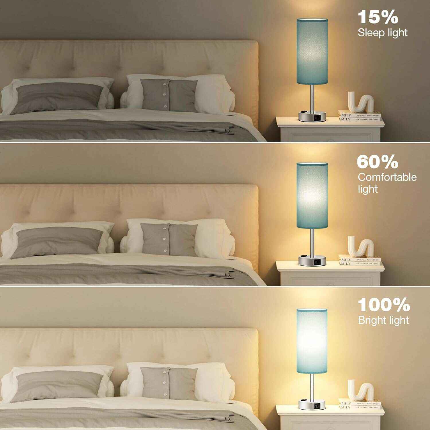 Bedside Table Lamp for Bedroom - 3 Way Dimmable Touch Lamp USB C Charging Ports and AC Outlet, Small Lamp Wood Base Round Flaxen Fabric Shade for Living Room, Desk, LED Bulb Included