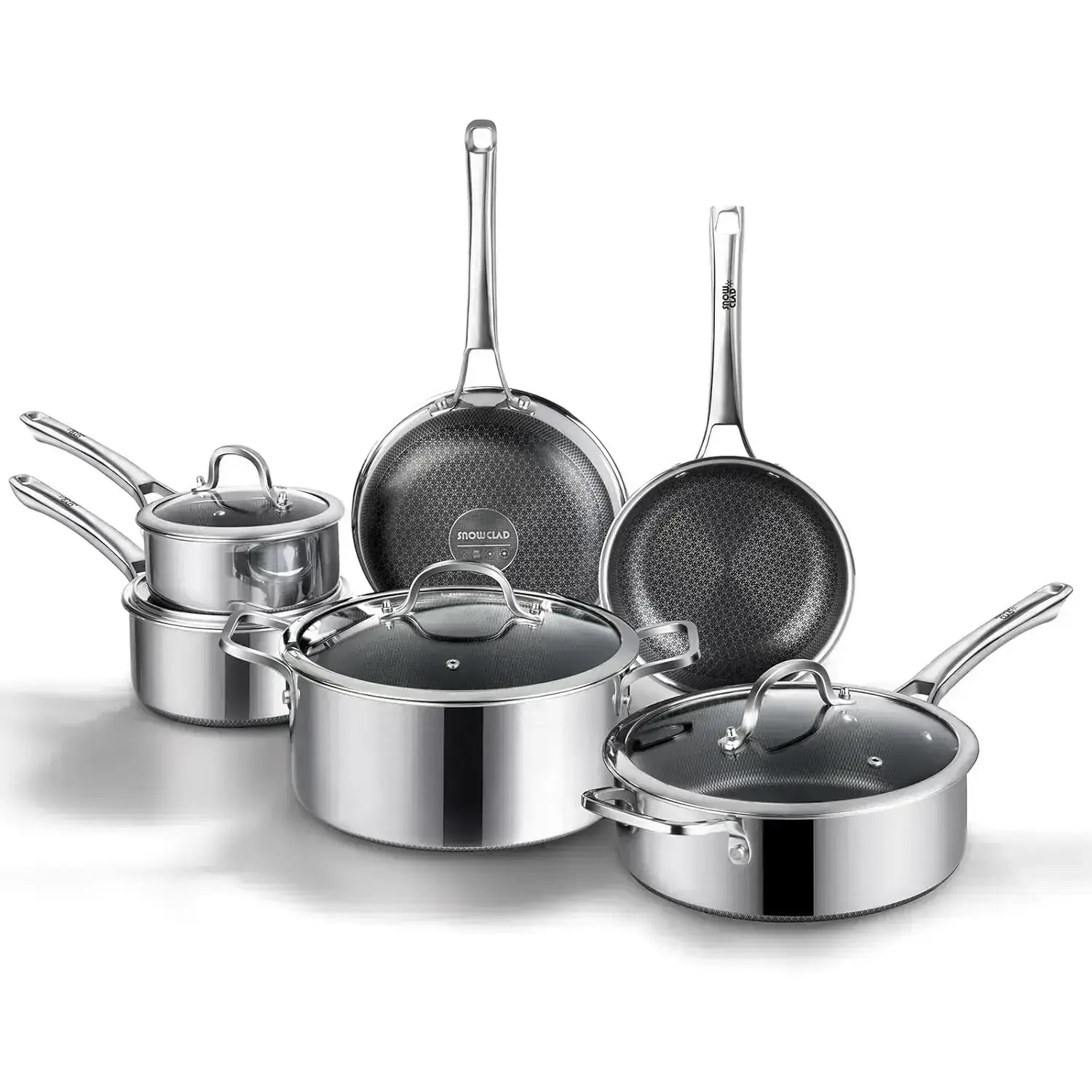 10-Pcs / 14-Pcs Hybrid Cookware Set – Nonstick Stainless Steel Pots and Pans Set, Induction Ready Frying Pans, Saucepans, Saute Pan & Stock Pot, PFOA Free