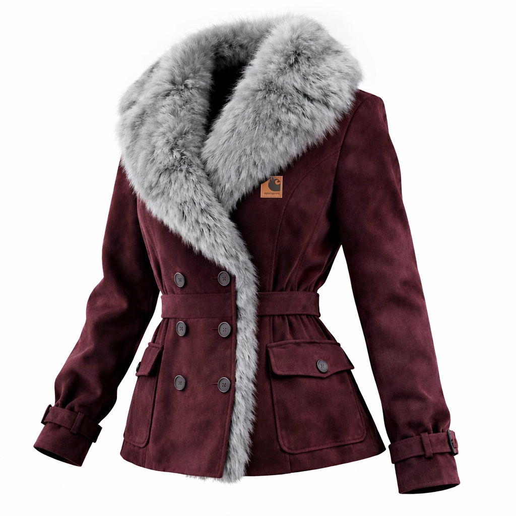 Women's Elegant Double-breasted Black Suede Coat With Fur Collar
