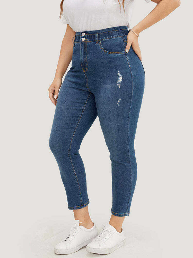 Very Stretchy High Rise Medium Wash Ripped Jeans