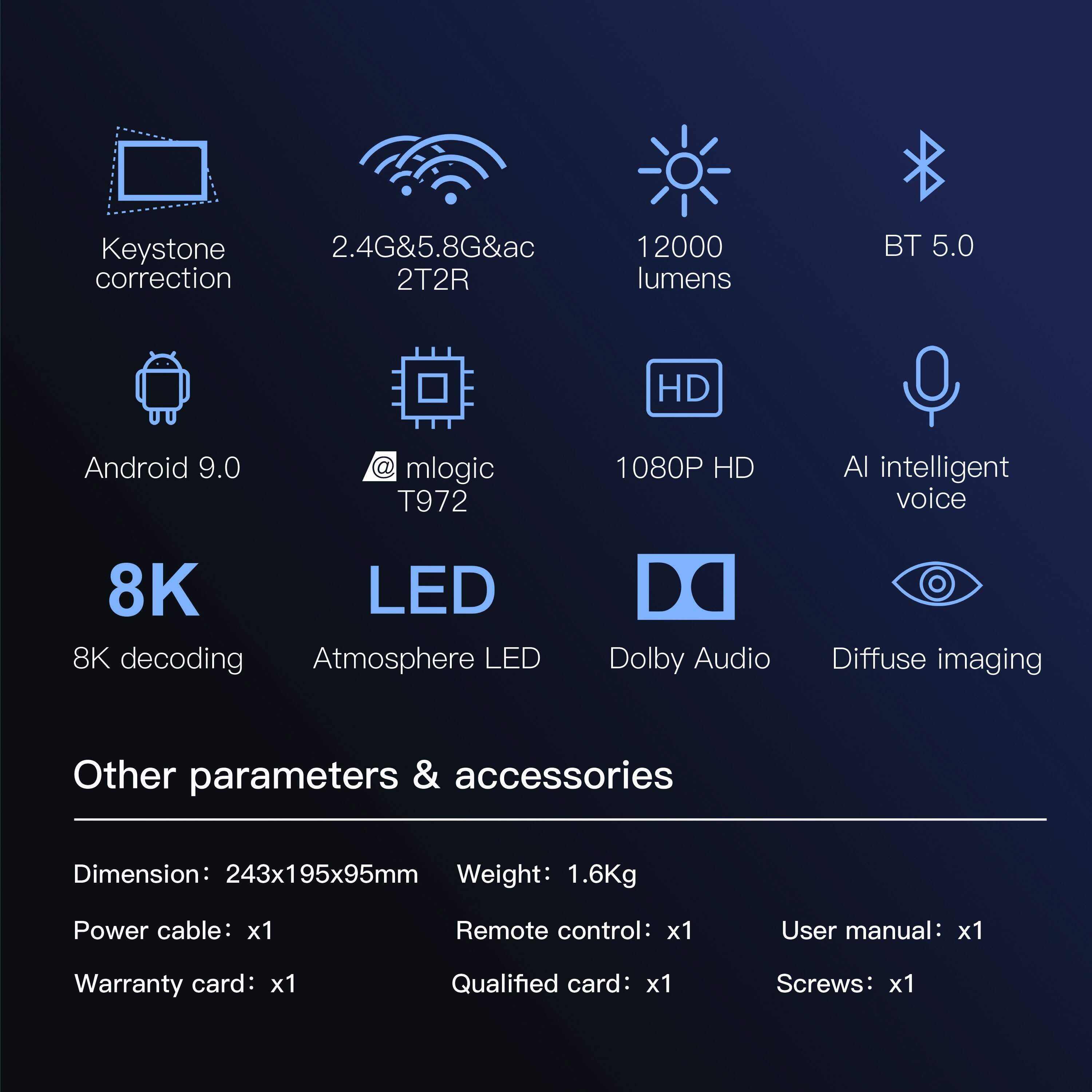 8K Projector With WiFi And BT, 12000L Native 1080p Projector, Movie Projector For Outdoor Use, 200