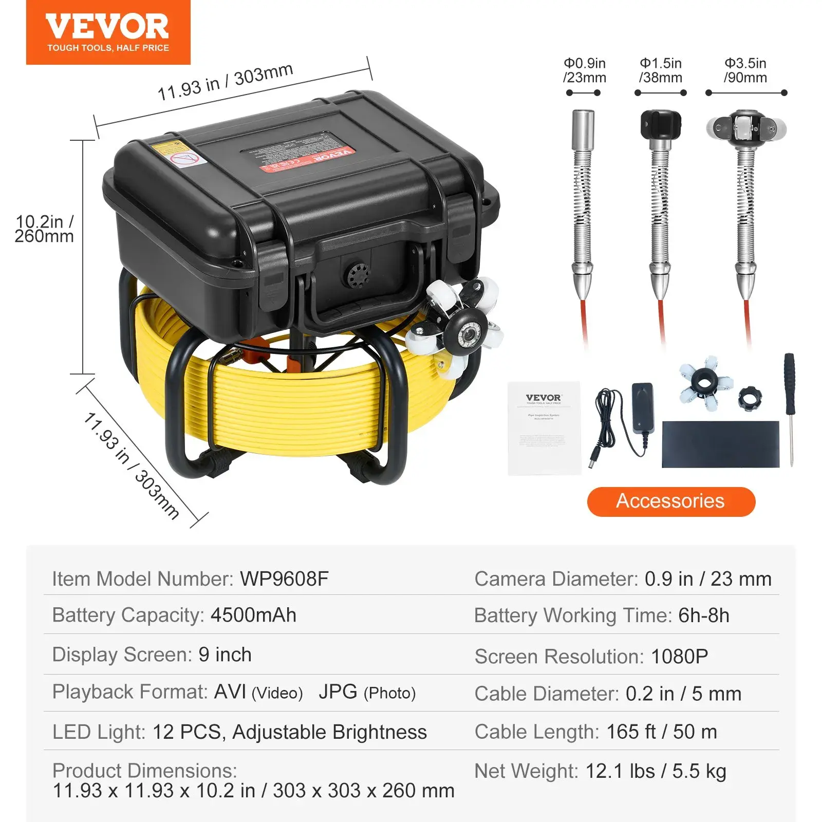 Sewer Camera,  Pipeline Inspection Camera with DVR Function, IP68 Camera with 12 Adjustable LEDs, A 16 GB SD Card for Sewer Line, Home, Duct Drain Pipe Plumbing