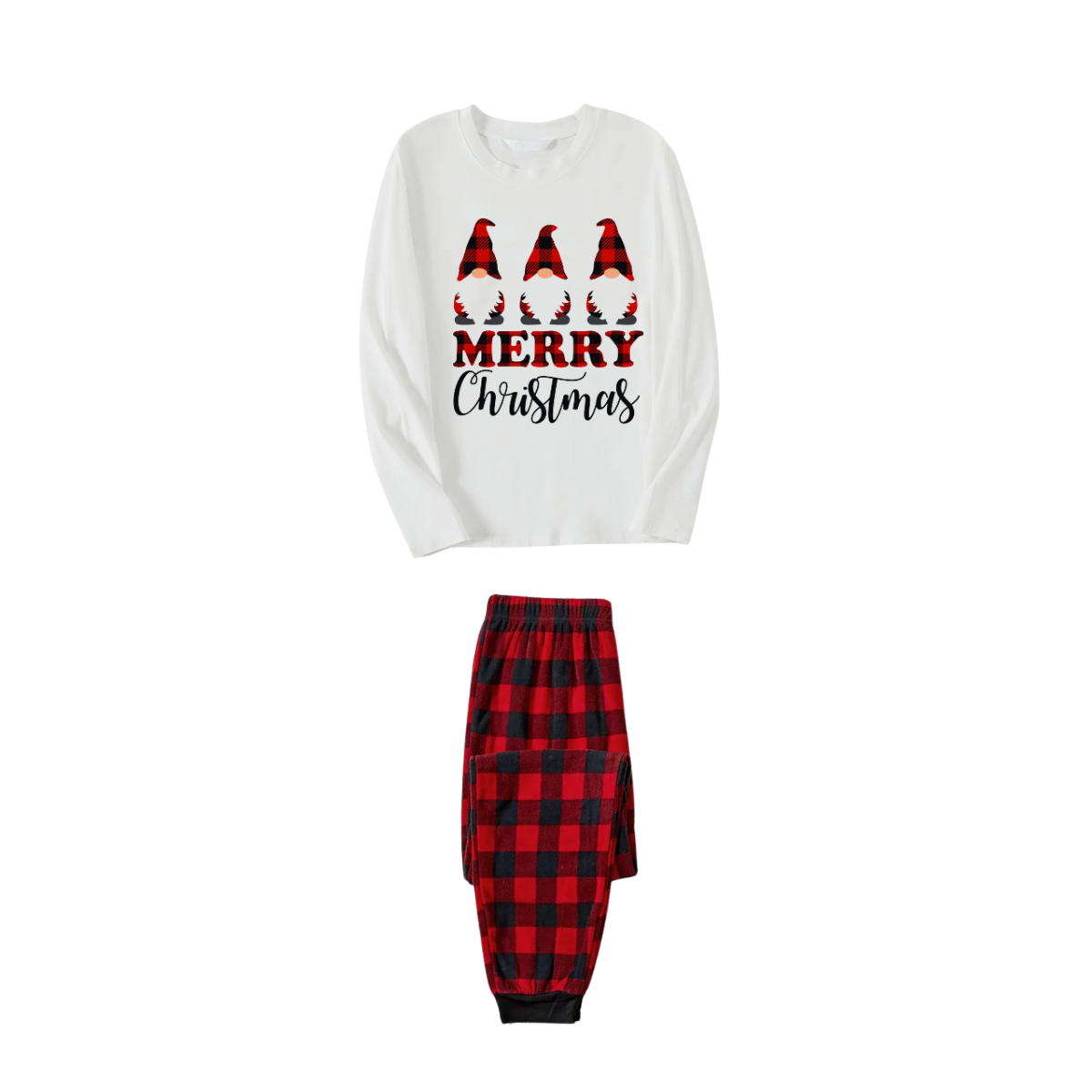 MERRY Christmas Letters And Santa Hat Printed White Long Sleeve Top with Red & Black Plaid Pants Family Pajamas