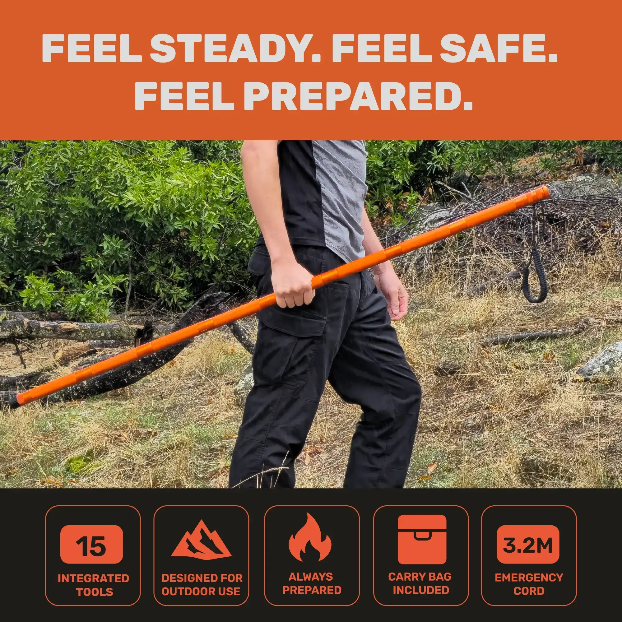 Survival Hiking Stick - Adjustable Trekking Pole with Built-in Outdoor Emergency Tools for Camping and Hiking