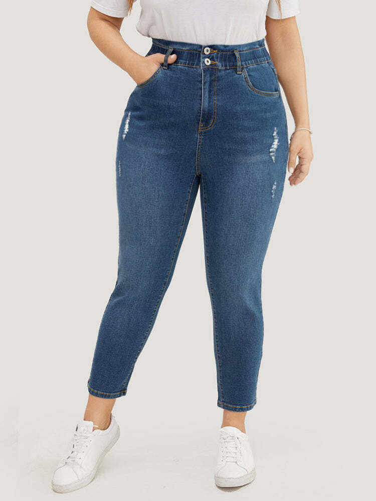 Very Stretchy High Rise Medium Wash Ripped Jeans