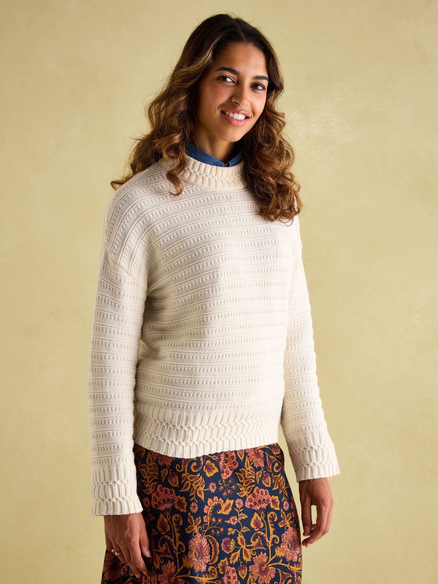 Bernie Cream Crew Neck Textured Jumper Contains Merino Wool
