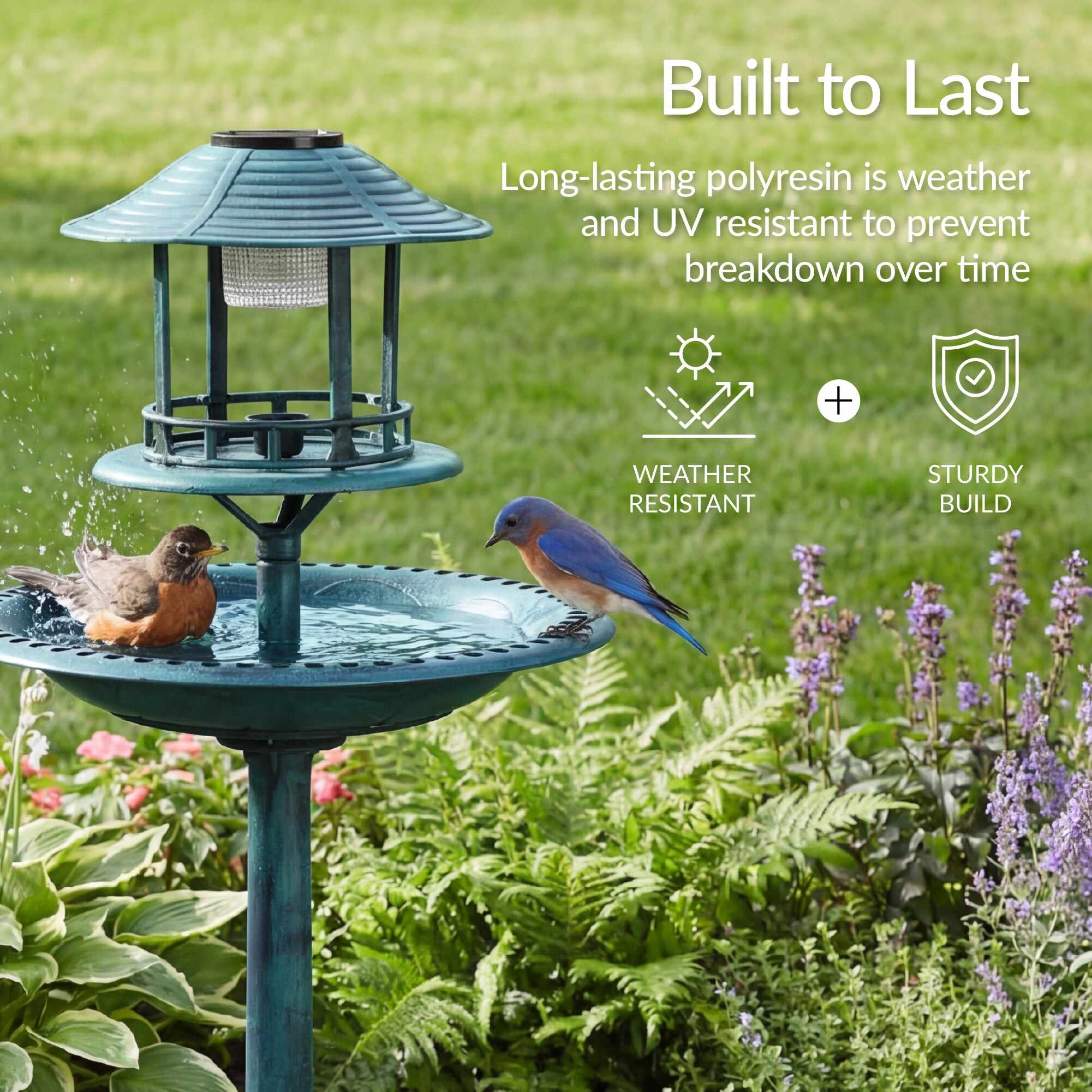 Solar Lighted Outdoor Pedestal Bird Bath w/ Planter, Decorative Bird Cage