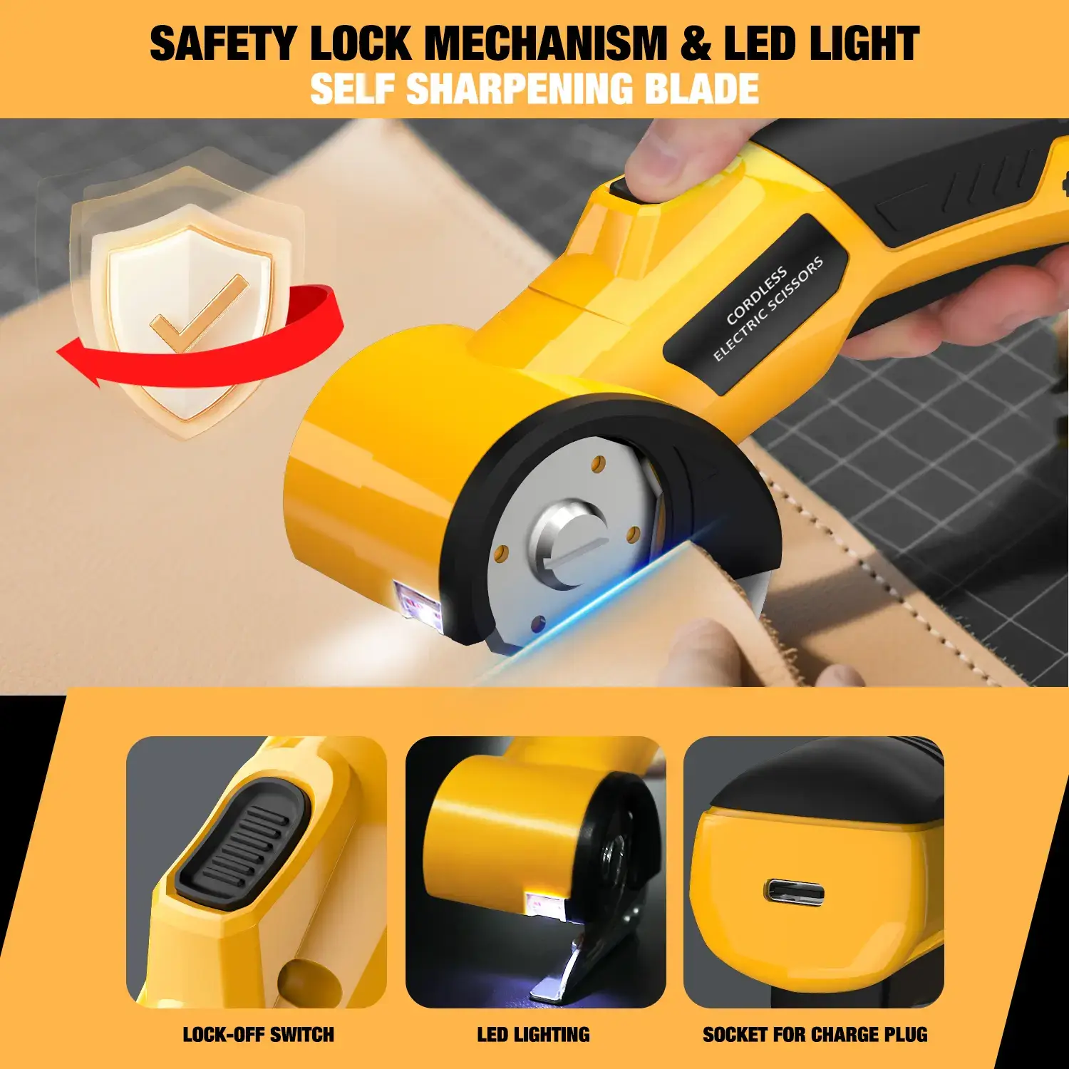【Gift】Cordless Electric Scissors 4V – Rechargeable Heavy Duty Cutter with Safety Lock, LED Light, Long Battery Life & 2 Extra Blades | Easy-to-Use Wireless Shears for Cardboard, Packaging Yellow with Storage Bag