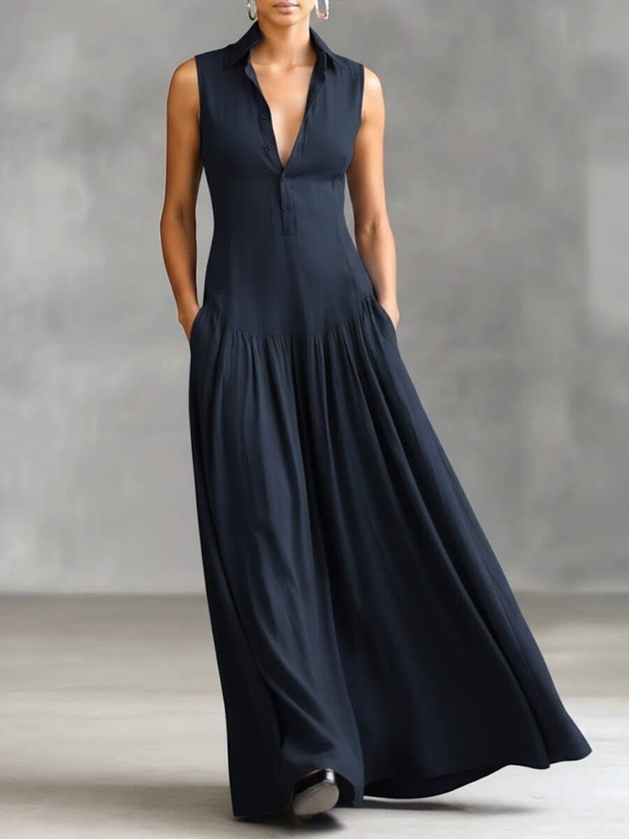 🔥Summer Arrivals🌟Women's Solid Color Lapel Sleeveless Casual Loose Cotton Dress