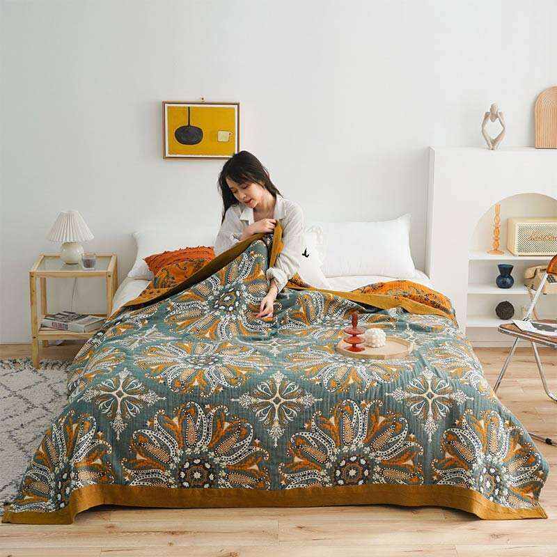 Dark Cyan Double-Sided Floral Cotton Quilt