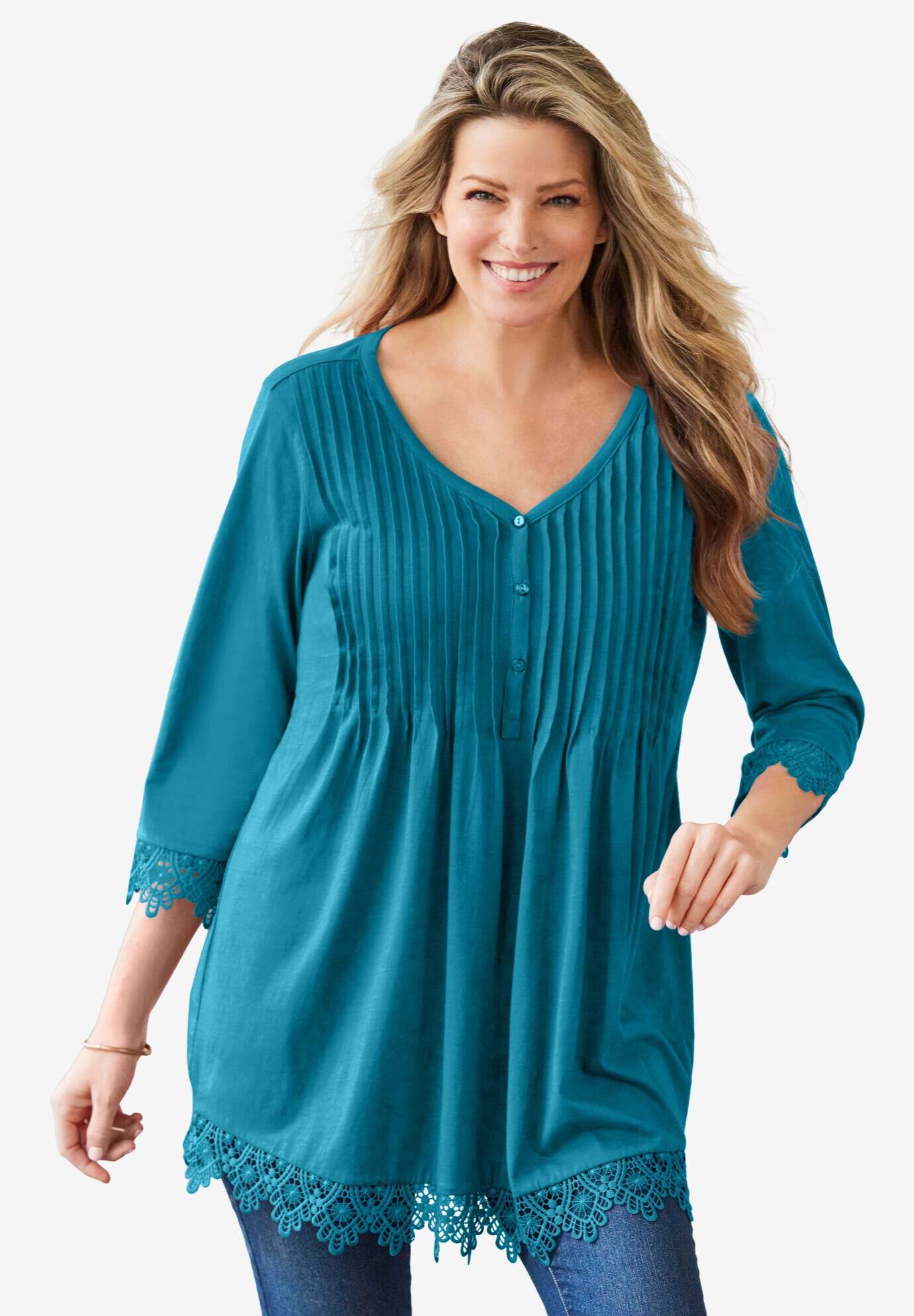 Pintuck Henley Crochet Trim Tunic