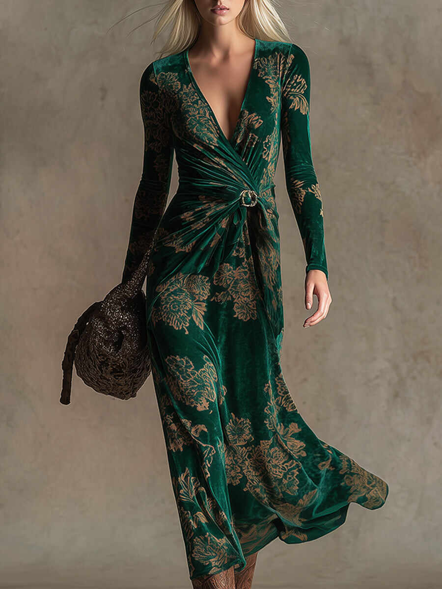 Elegant Retro Gold Print V-neck Green Velvet Maxi Dress