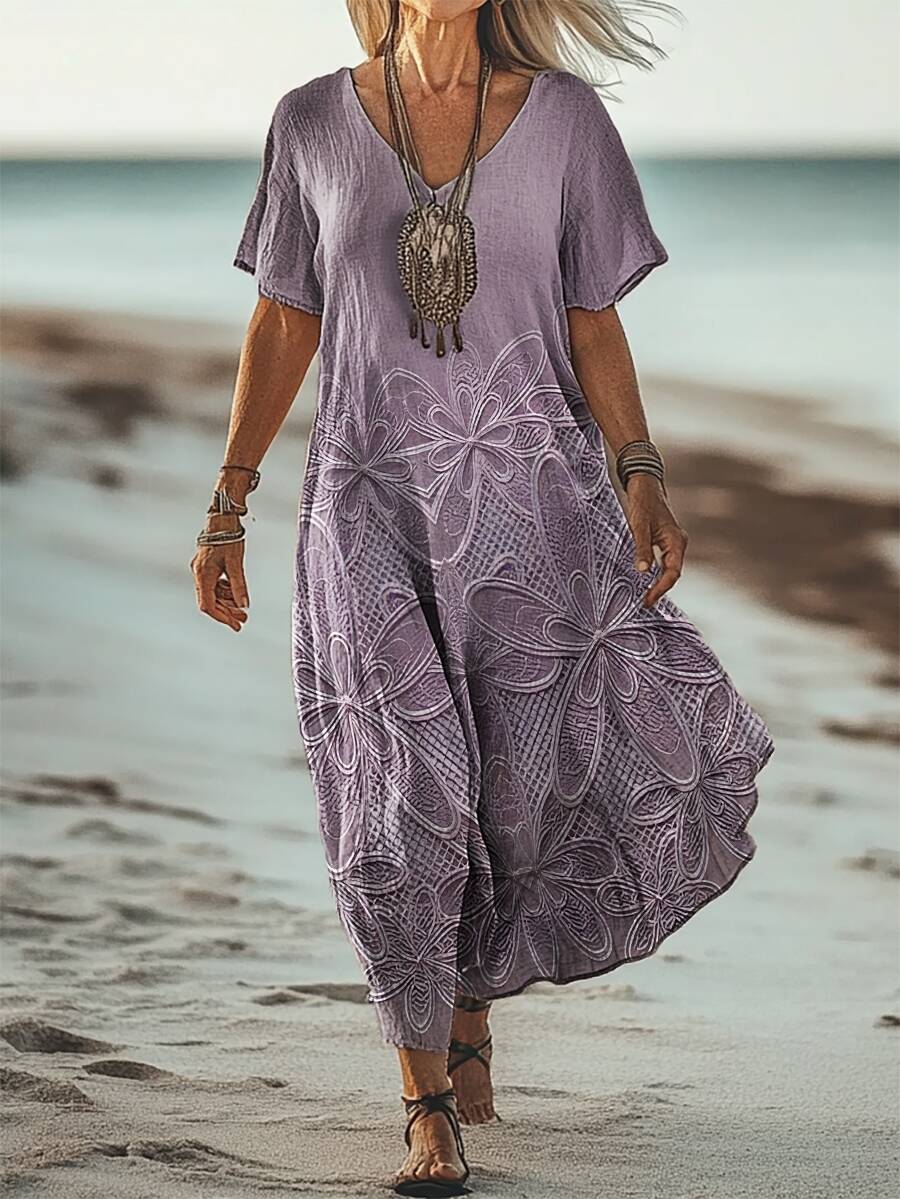 Women's Boho Vintage Floral Art Patterns Print Short Sleeve Pocket Cotton Linen Dress