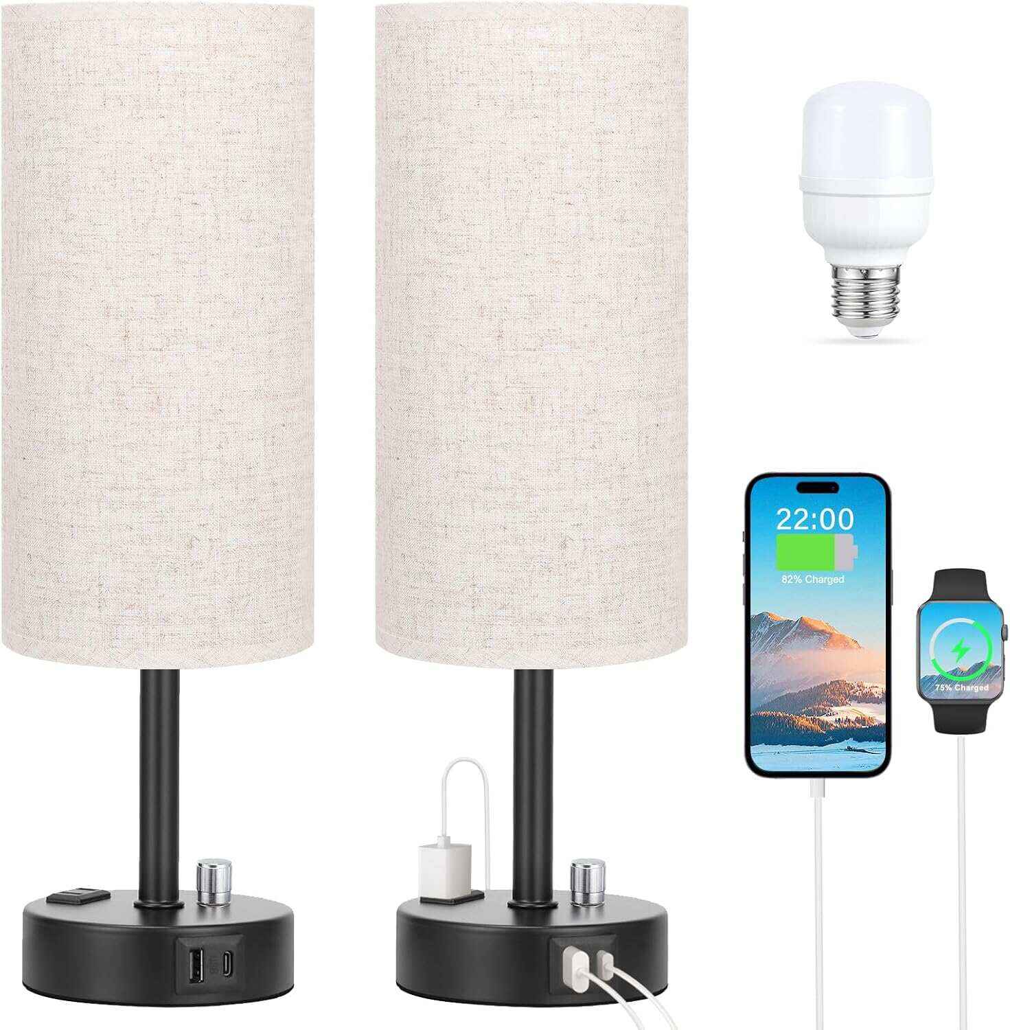 Bedside Table Lamp for Bedroom - 3 Way Dimmable Touch Lamp USB C Charging Ports and AC Outlet, Small Lamp Wood Base Round Flaxen Fabric Shade for Living Room, Desk, LED Bulb Included