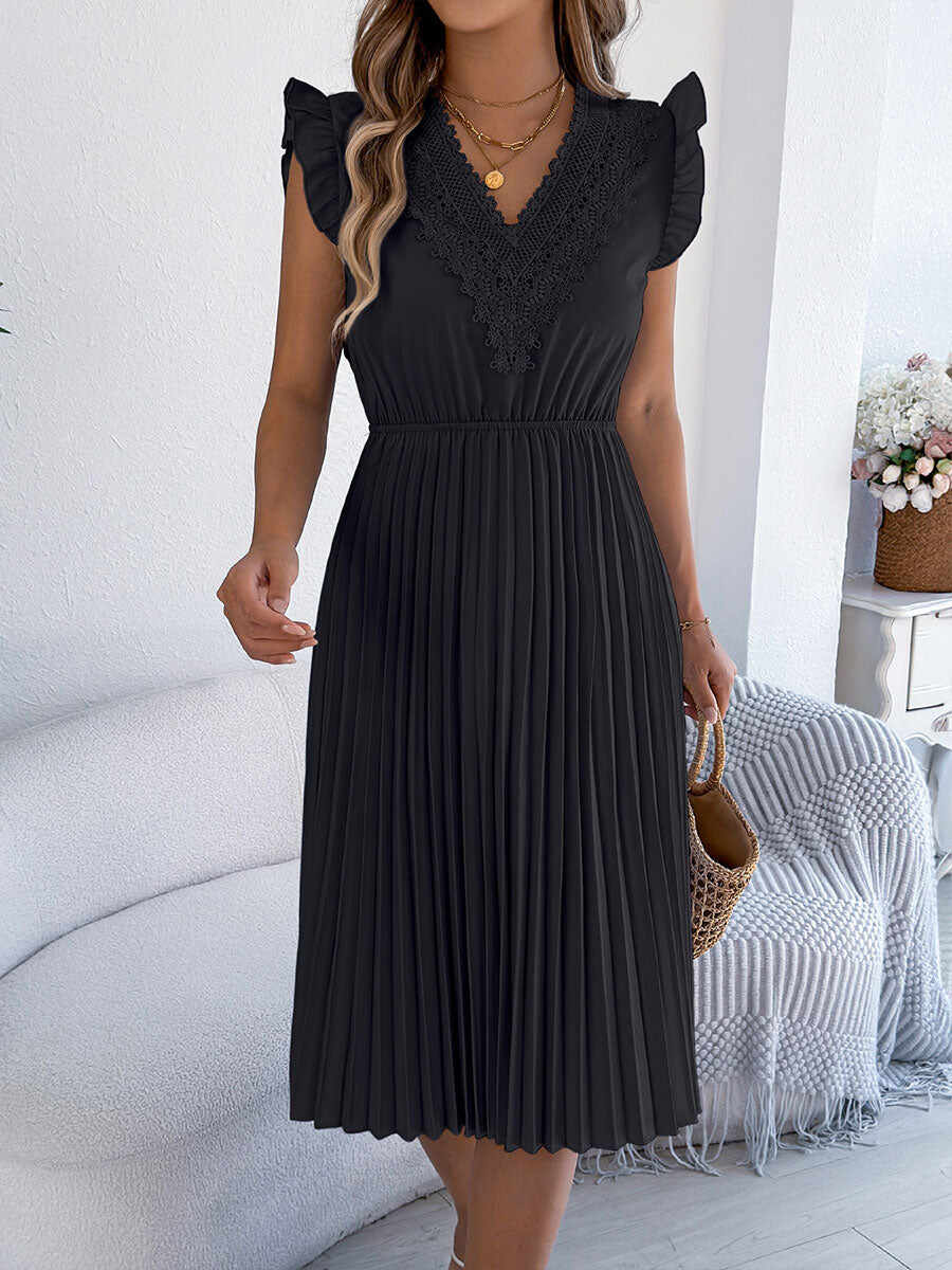 🔥Summer Arrivals🌟Women's Casual Lace V-neck Ruffled Pleated Dress