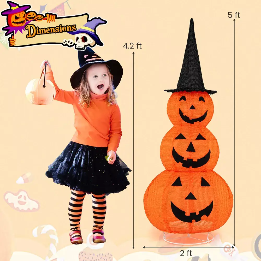Tangkula Halloween Light Up Pumpkin Decoration Stacked Pumpkins with Witch Hat Build-in LED Lights Pop Up Jack-o-Lantern