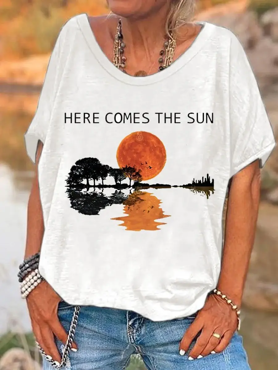 Women's Vintage Hippie Peace Love Music Symbol Print T-Shirt