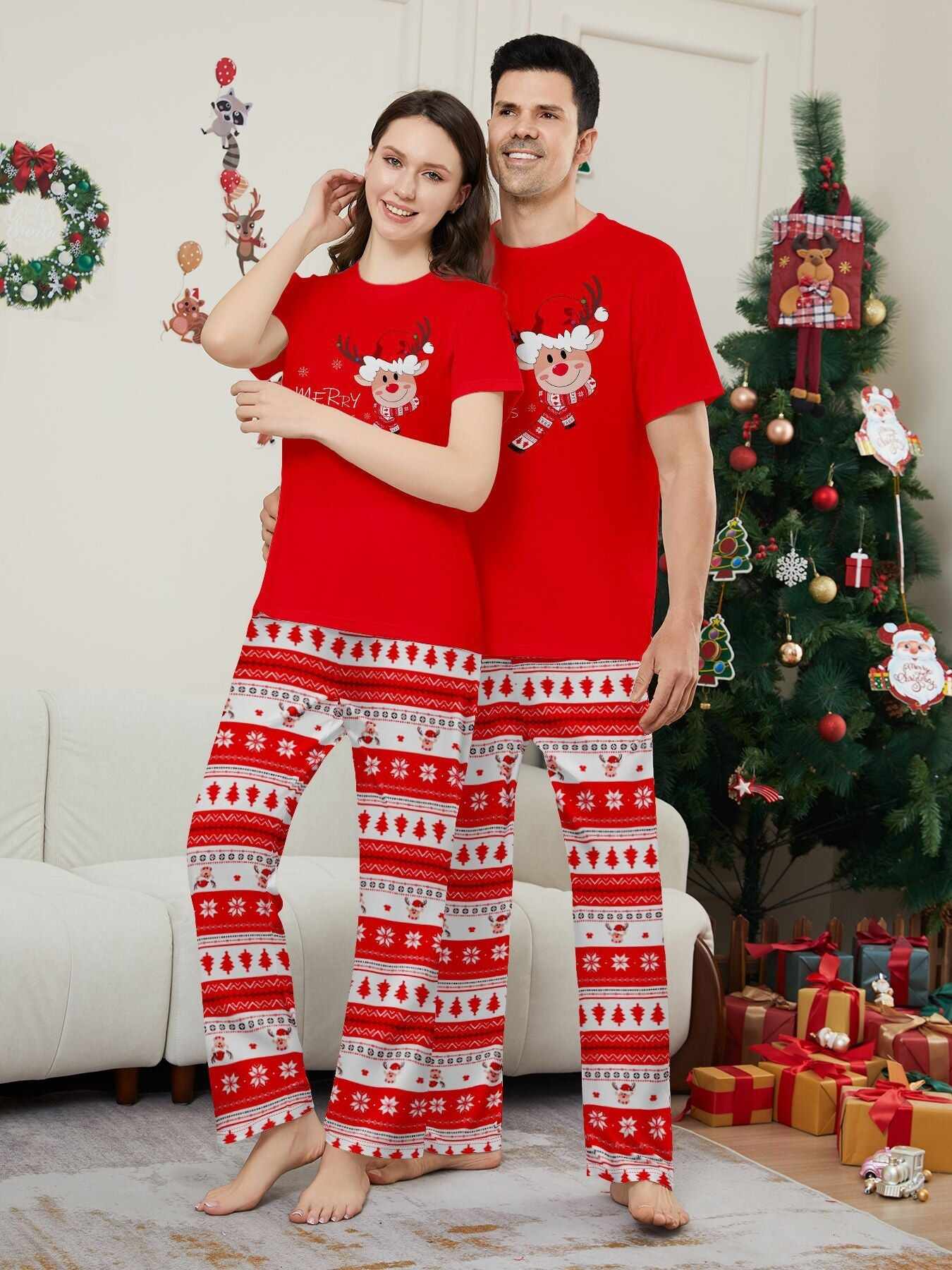 Fawn Printed Short Sleeve Family Matching Christmas Pajamas Sets