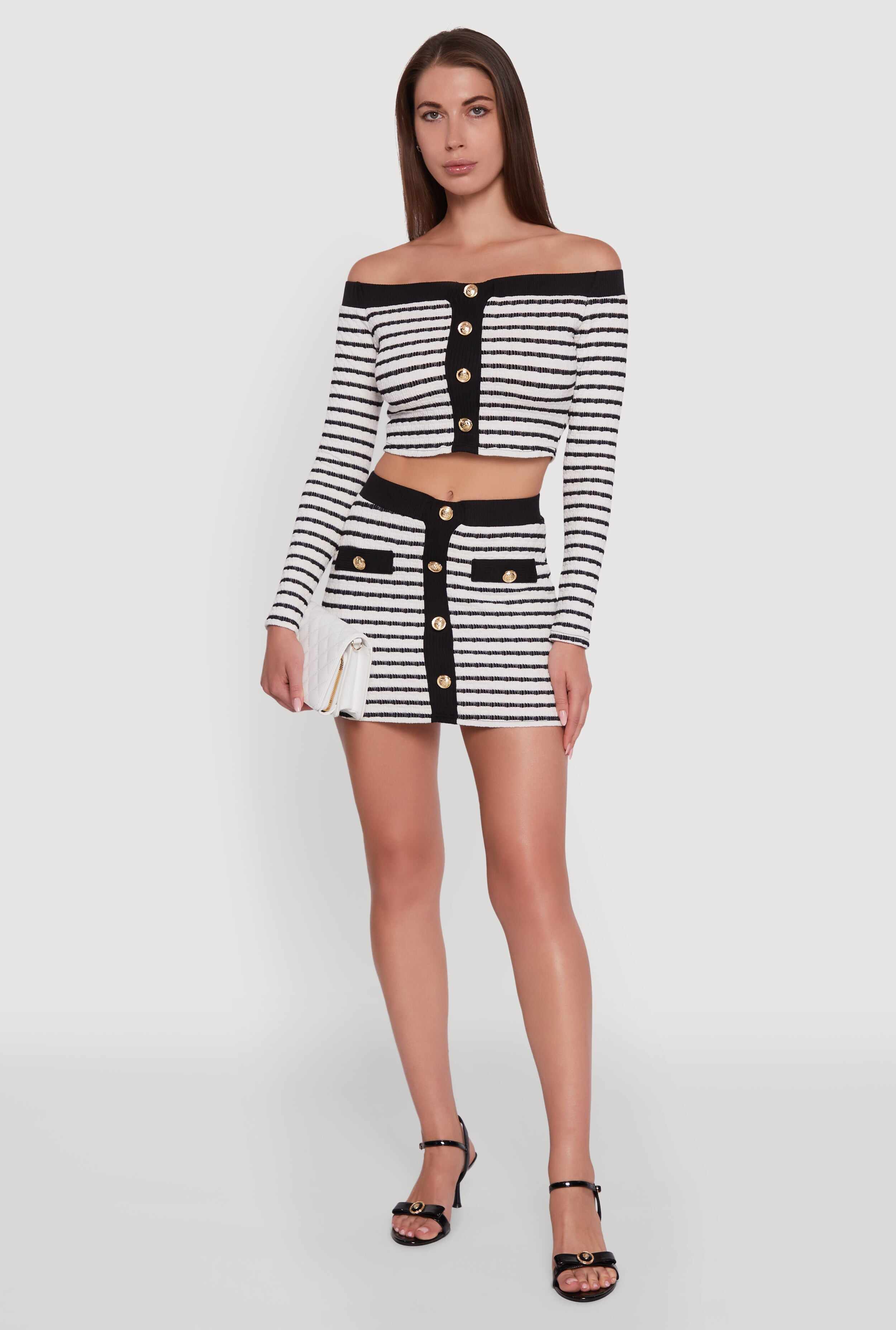 Textured Knit Faux Button Striped Mini Skirt