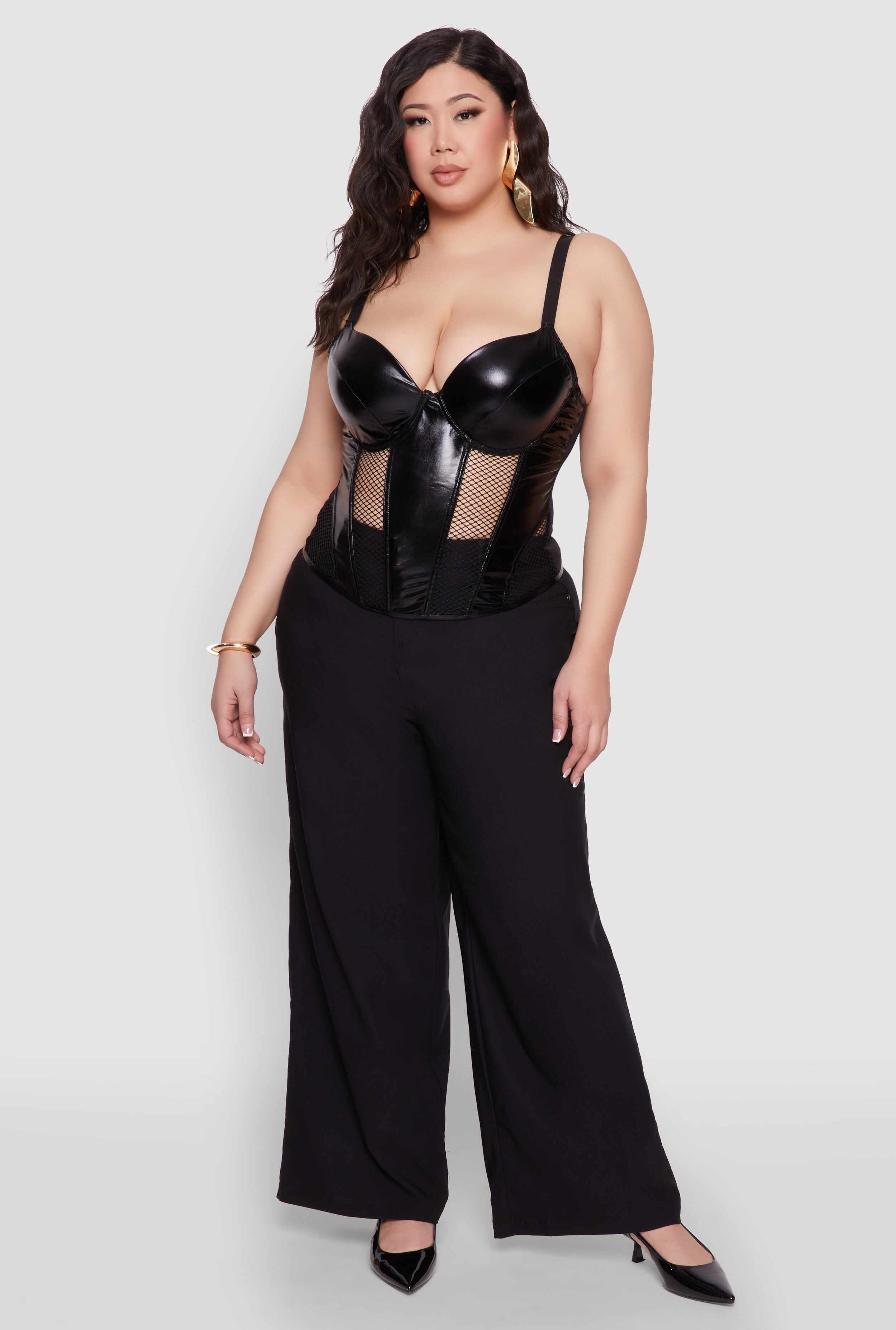 Plus Size Fishnet Cutout Faux Leather Look Bustier Top