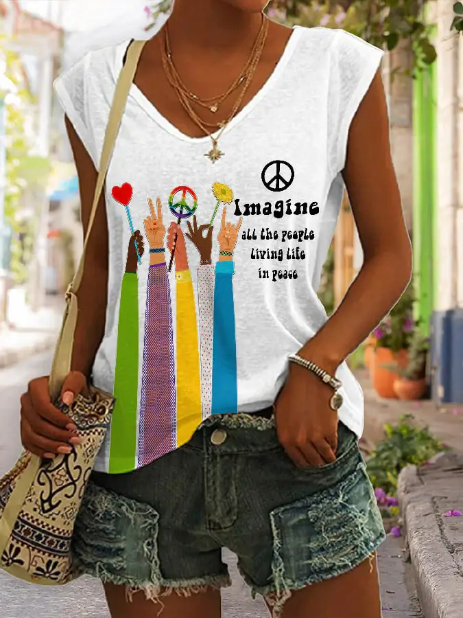 V-neck Retro Hippie Imagine All The People Living Life In Peace Print Tank Top