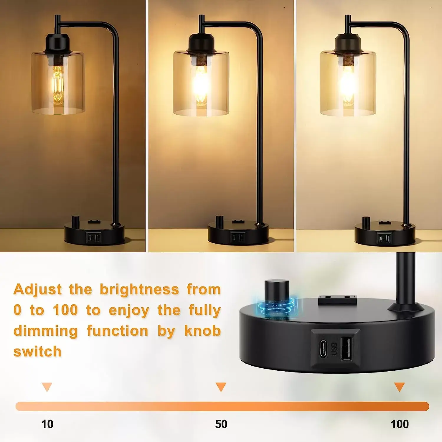 Industrial Bedside Table Lamp for Bedroom - Nightstand Lamps with USB C Charging Port, Fully Dimmable Black Lamps with USB Ports and Outlets, Small Desk Lamp with Glass Shade for Office Living Room