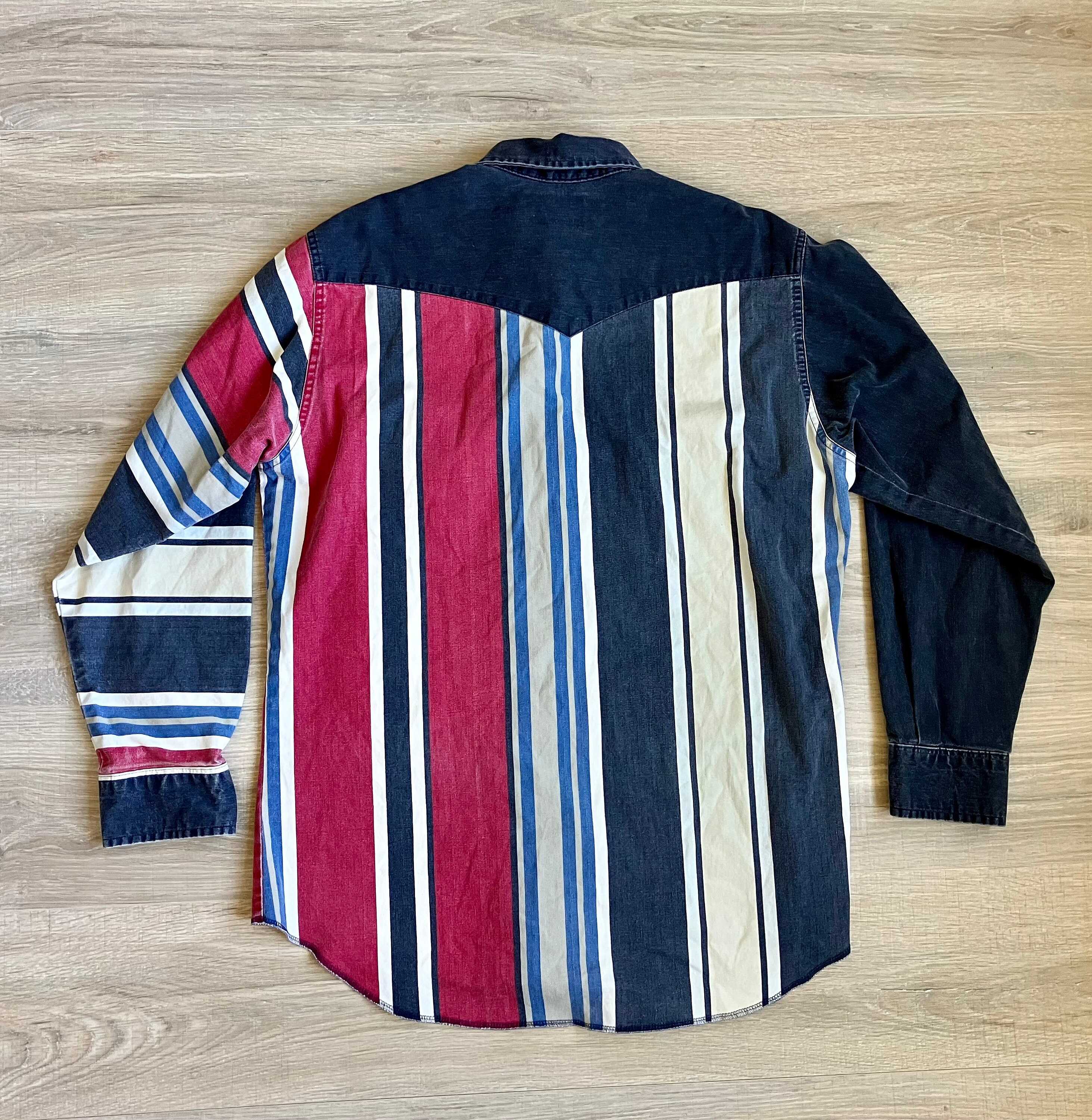 Men's Fashion Western Dark Blue Red Striped Long Sleeve Shirt