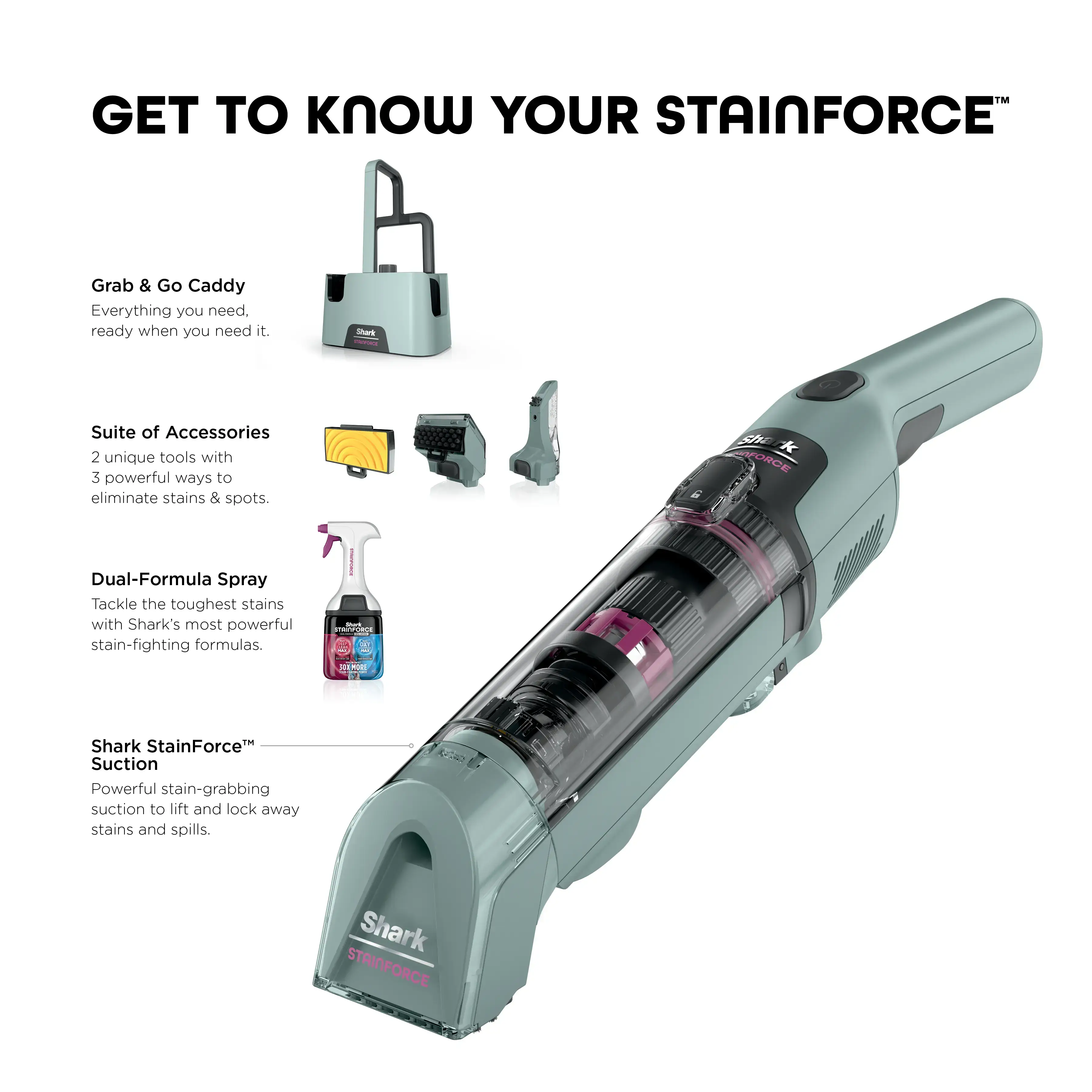 StainForce Handheld Spot & Stain Cleaner with Storage Caddy & Crevice Tool