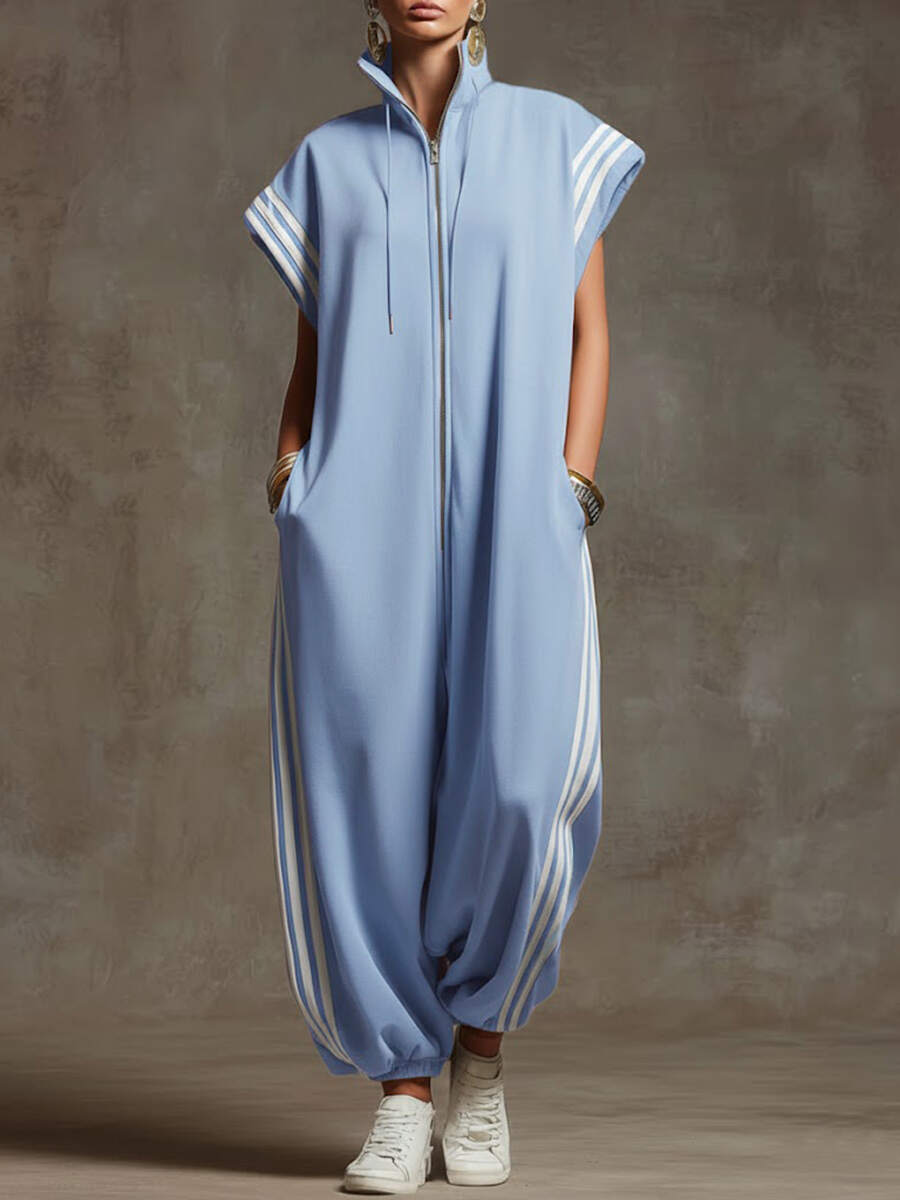 🔥Summer Arrivals🌟Women's Stand-collar Short-sleeved Casual Loose Cotton Wide-leg Jumpsuit
