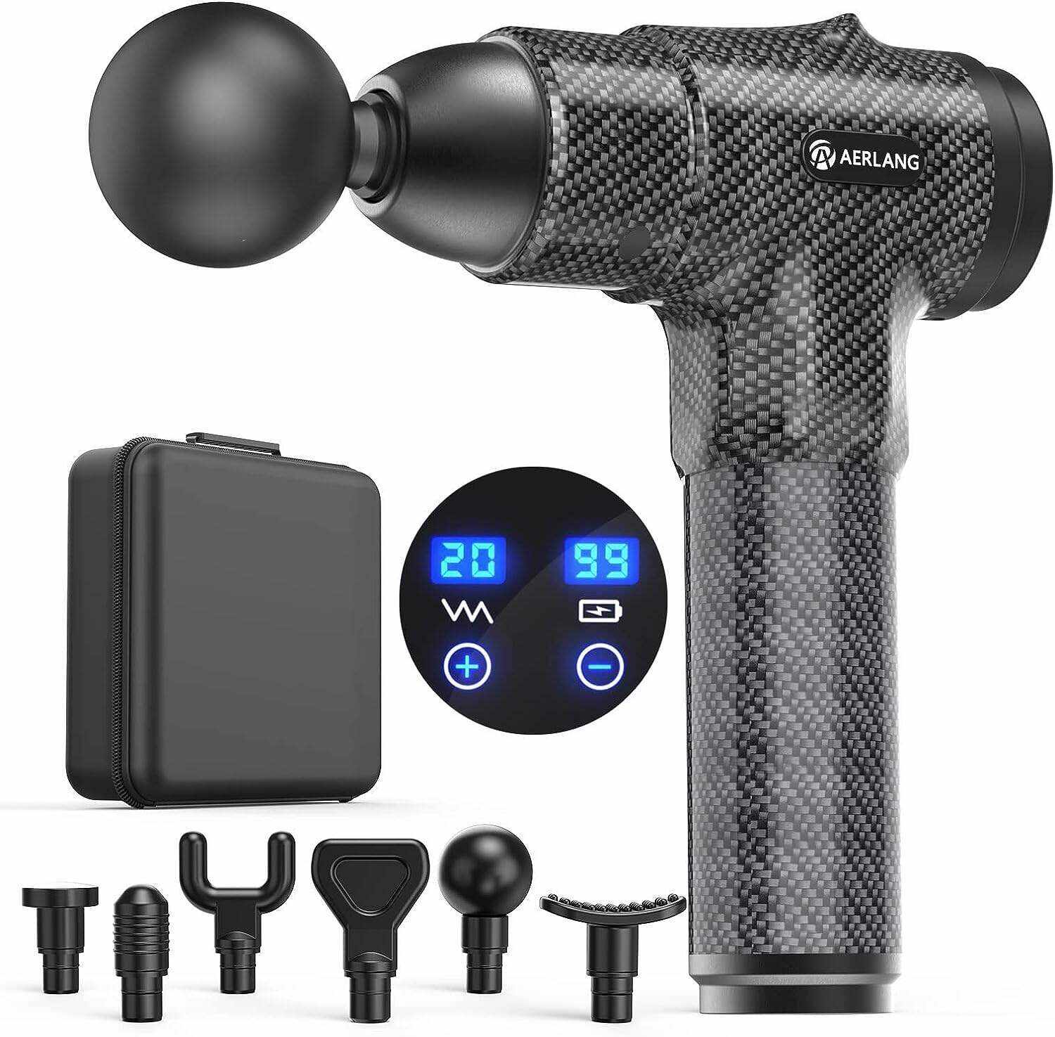 AERLANG Massage Gun, Deep Tissue Massager, Portable Muscle Massage Gun for Back Neck Muscle Relieve, Quiet Massager Gun 20 Variable Speeds Digital Display 6 Massage Heads and Carrying Case