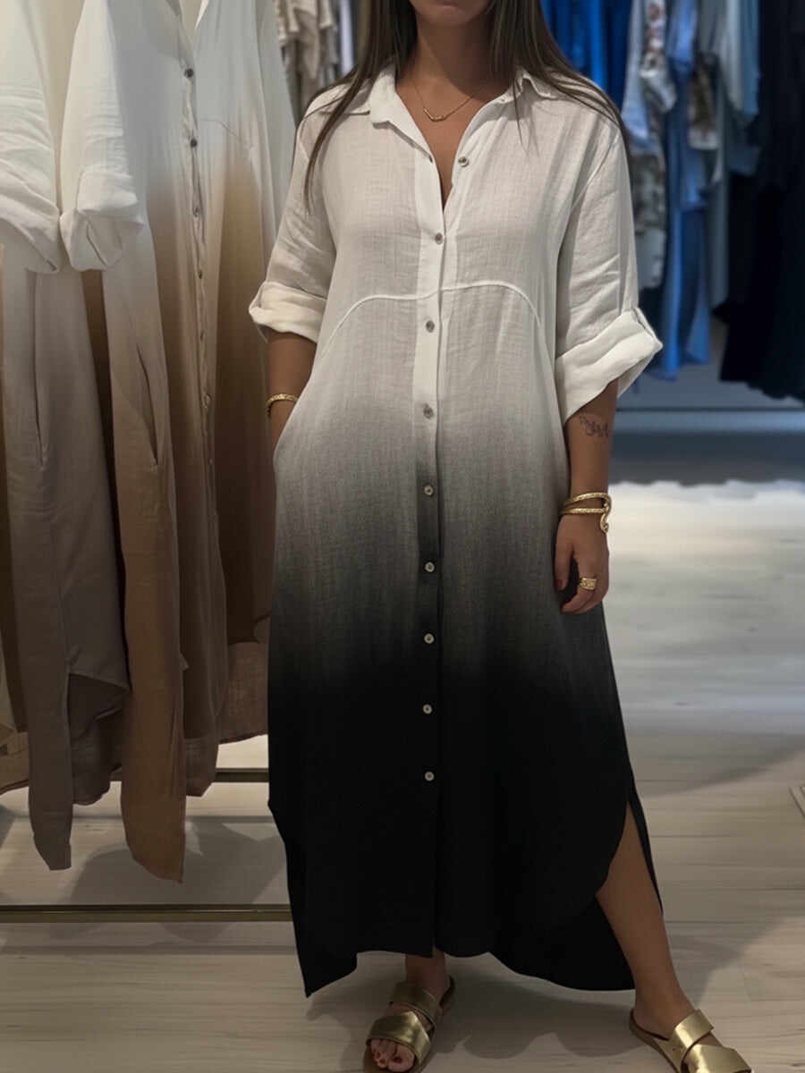 🔥Summer Arrivals🌟Casual Gradient Color Linen And Cotton Shirt Dress