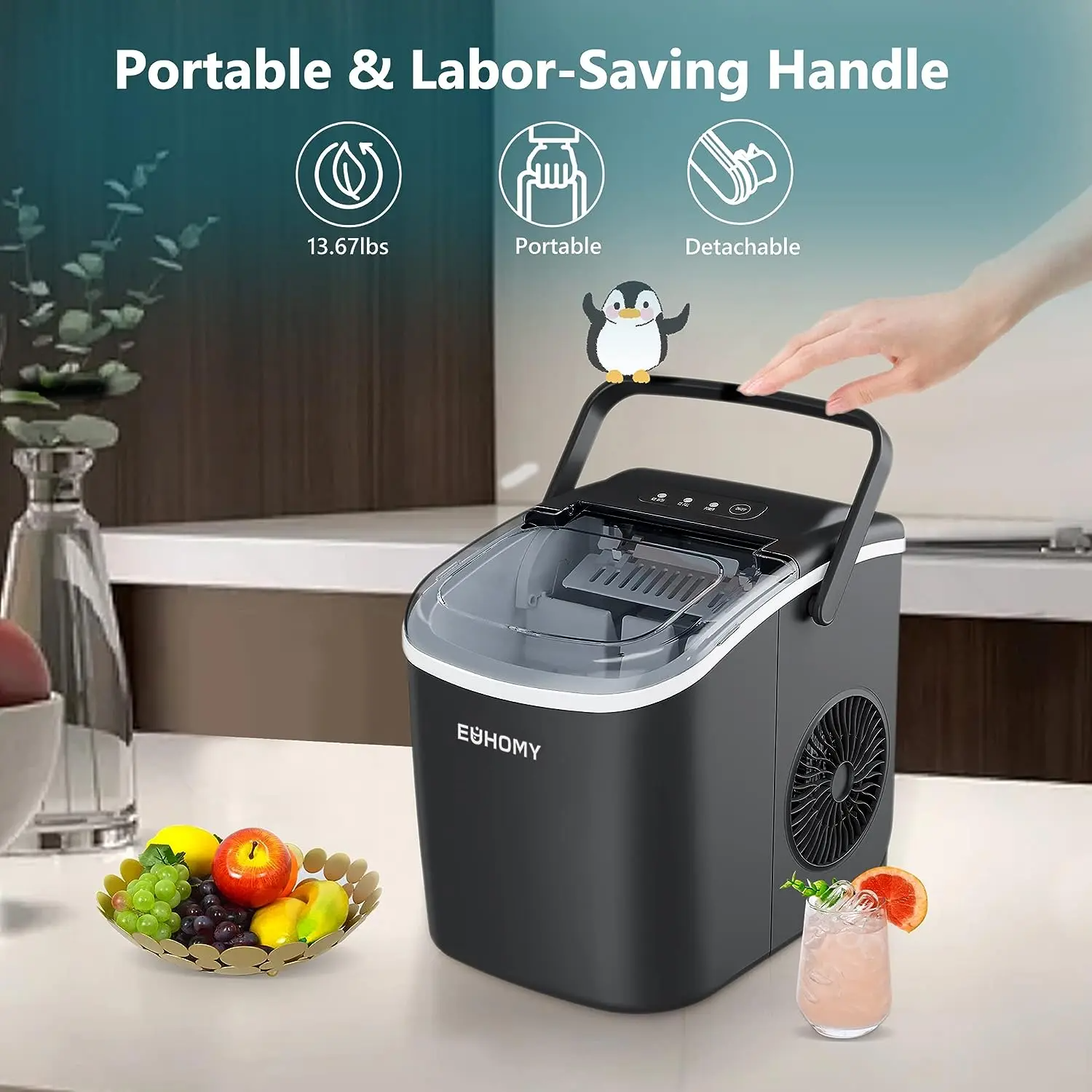 Ice Maker Countertop with Handle, 26lbs in 24Hrs, 9 Ice Cubes Ready in 6 Mins, Auto-Cleaning Portable Ice Maker with Basket and Scoop, for Home/Kitchen/Camping/RV. (2026 New Silver) Utensils