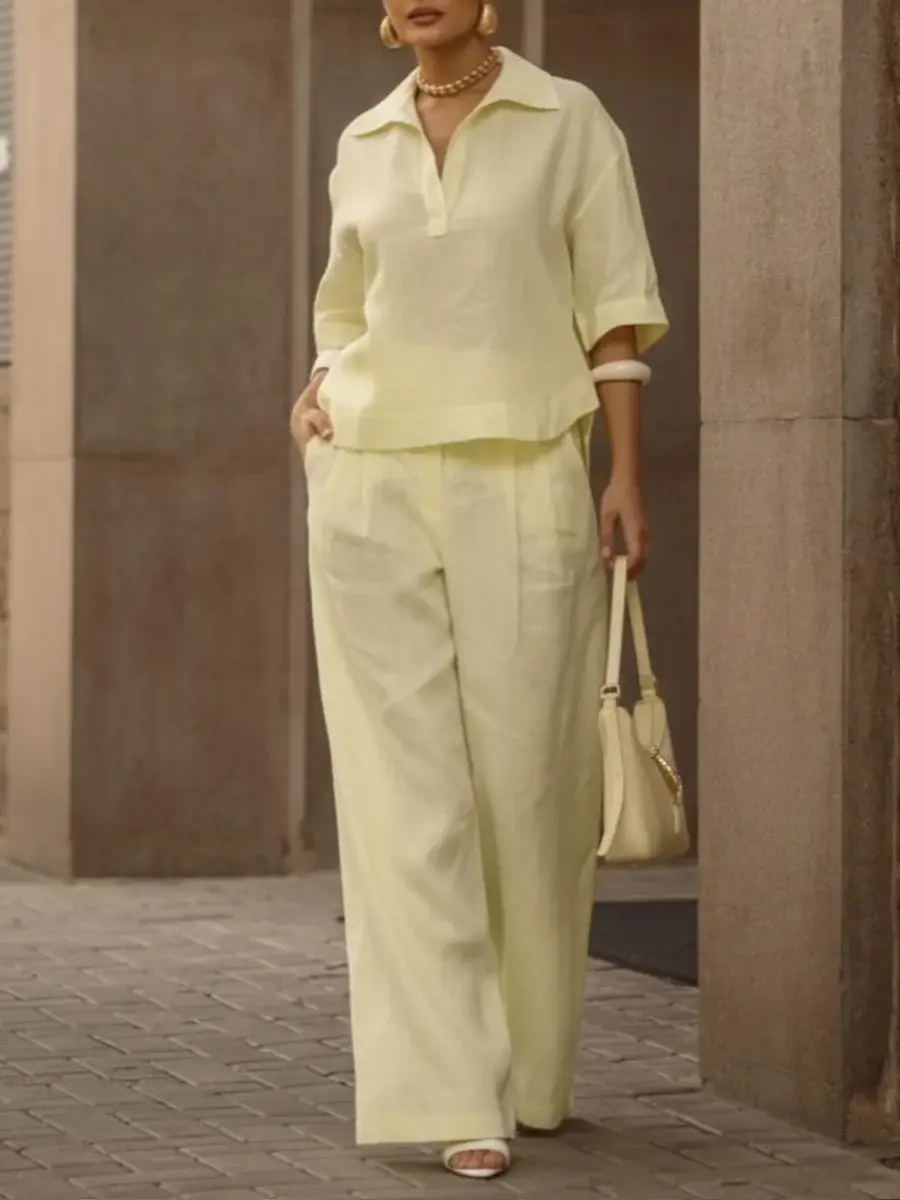 🔥Summer Arrivals🌟Women's Casual Linen And Cotton Shirt And Wide-leg Pants Two-piece Set