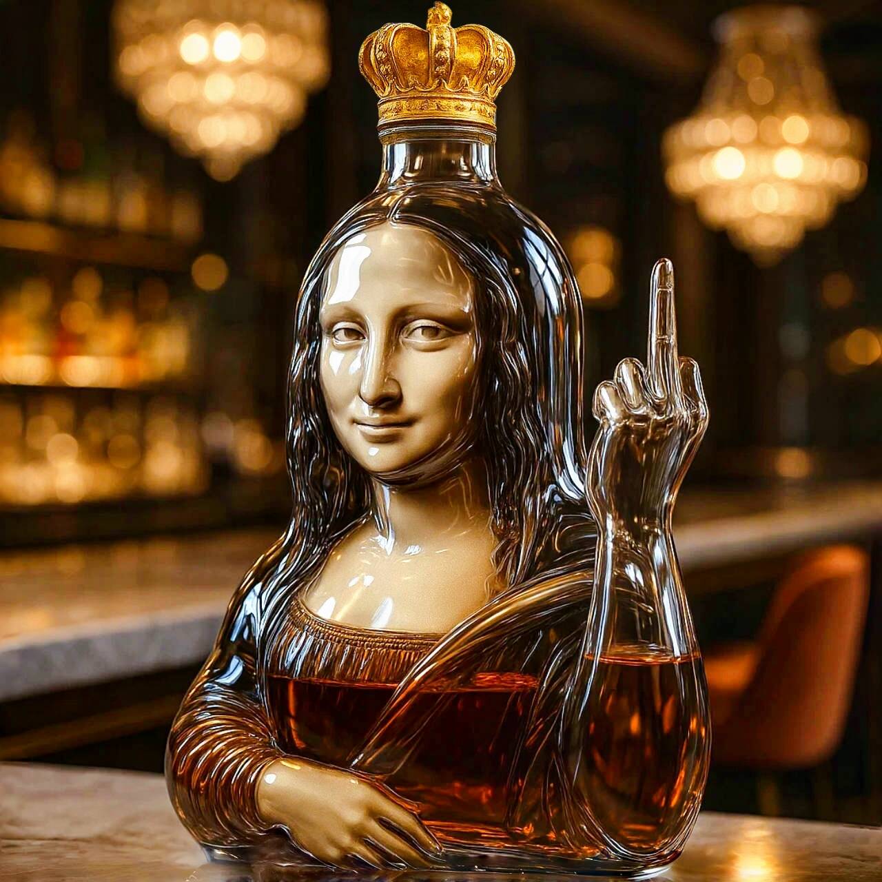 Funny middle finger Mona Lisa whiskey bottle