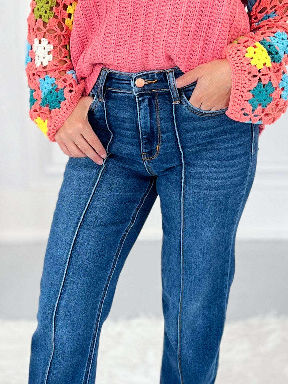 Walk The Line - Christmas Seam Detail Cuffed Straight Jeans