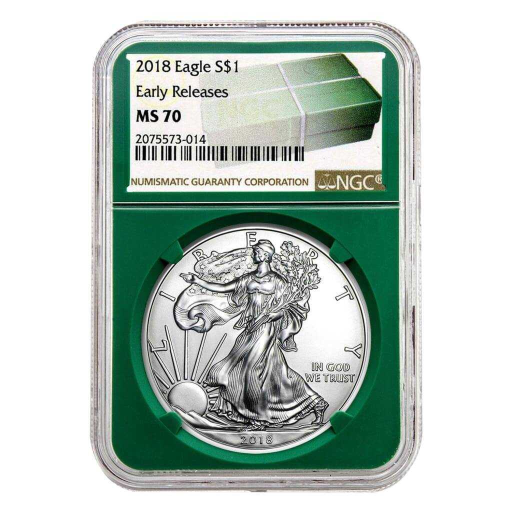 2018 $1 American Silver Eagle MS70 NGC - Early Releases, Green Holder