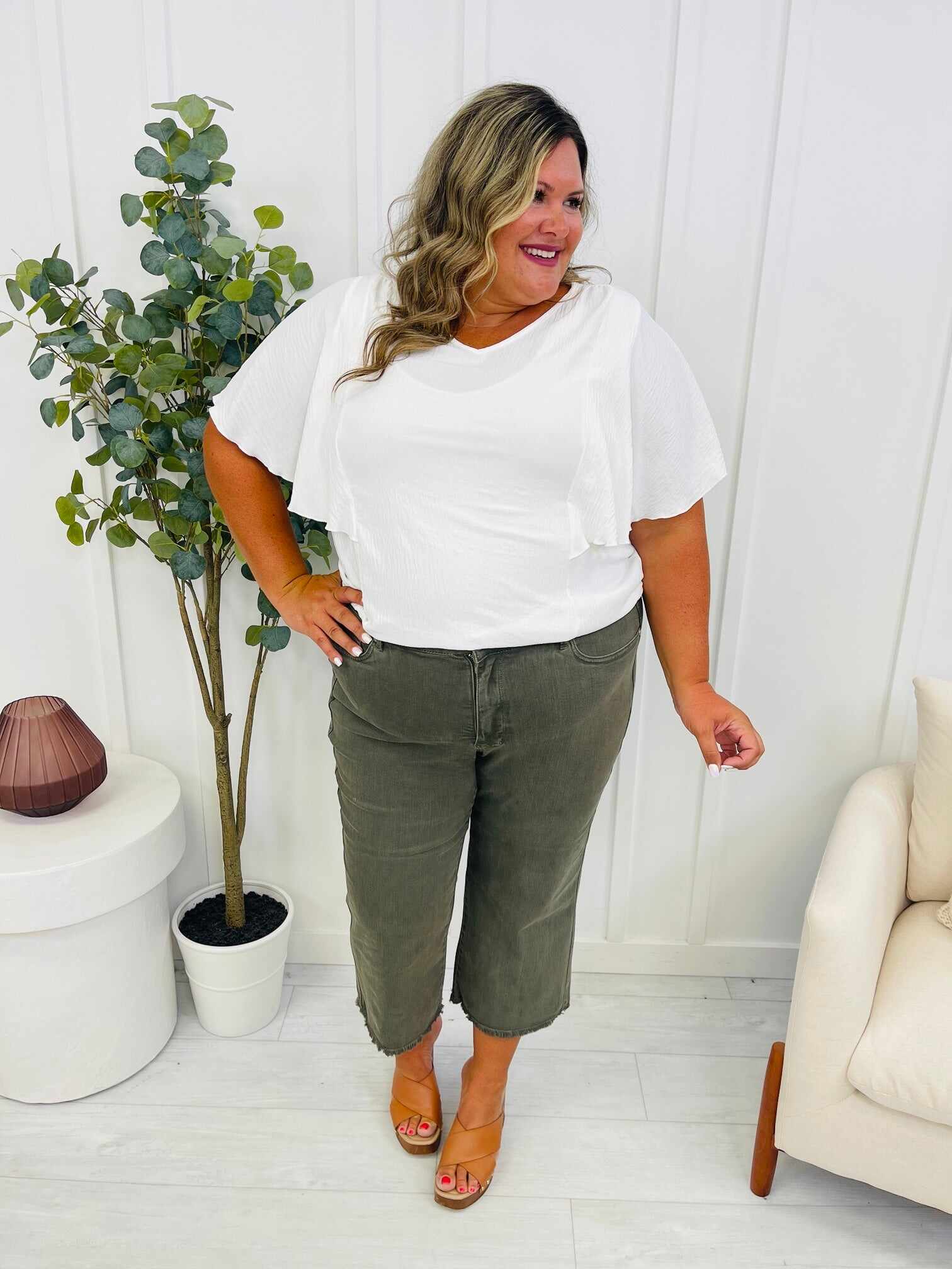 REG/CURVY Olive You Tummy Control Garment Dyed Wide Leg Cropped Jeans