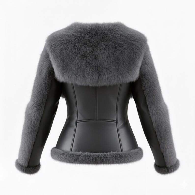Handmade Black Leather Bomber Jacket, Grey Faux Fur Trim, Slim Fit