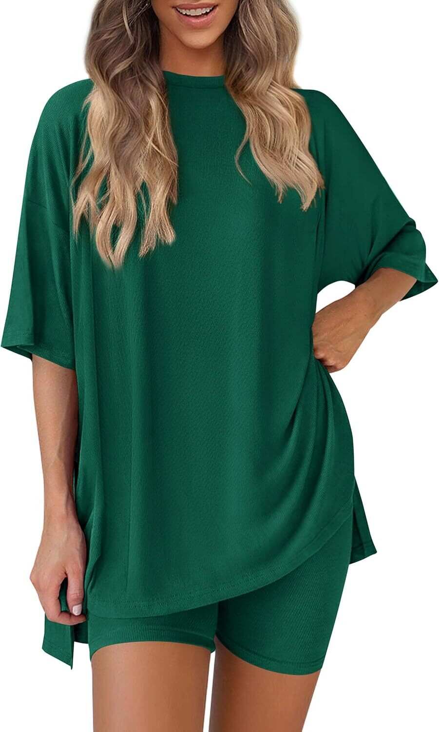 🔥Flash sale🔥Women's Two Piece Lounge Set 2026 Summer Casual Oversized Shirts  Biker Shorts Matching Airport Travel Outfit