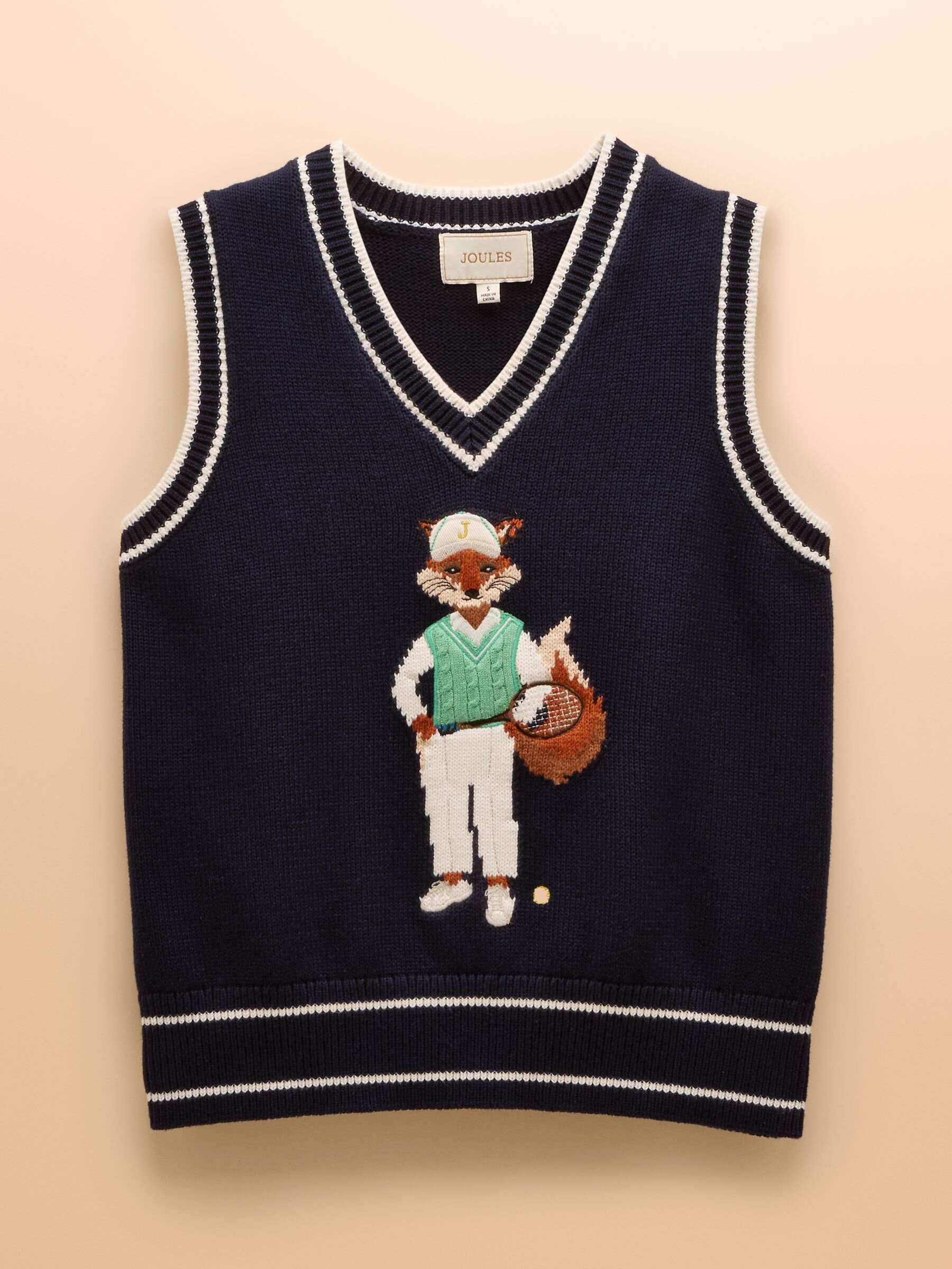 Jonty Navy Intarsia Fox Knitted Cotton Vest