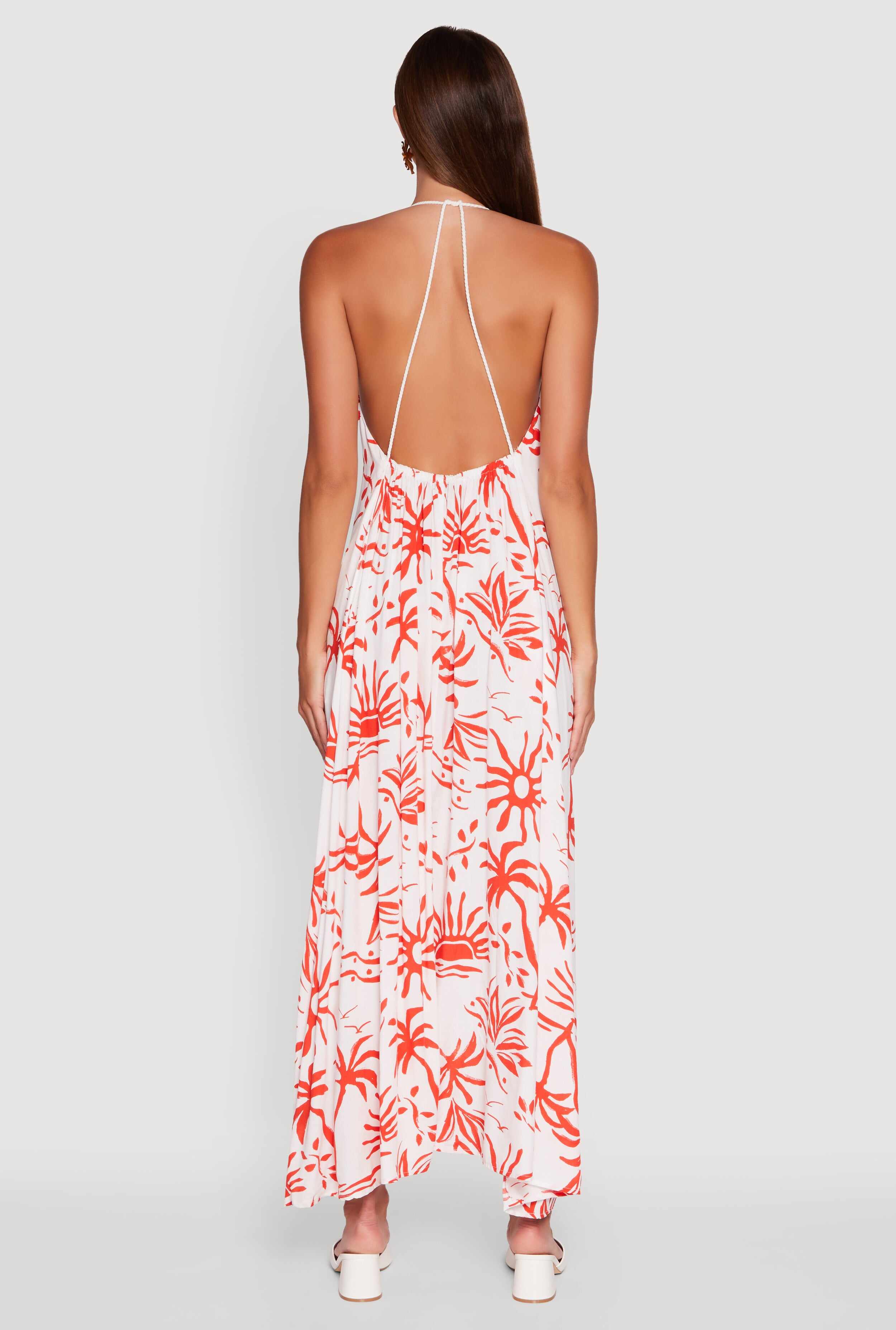 Tropical Print Caged Low Back Rope Halter Maxi Dress