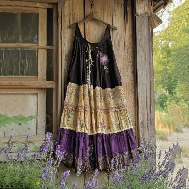 Vintage Tribal Lace Embroidered Violet Art Linen Maxi Dress