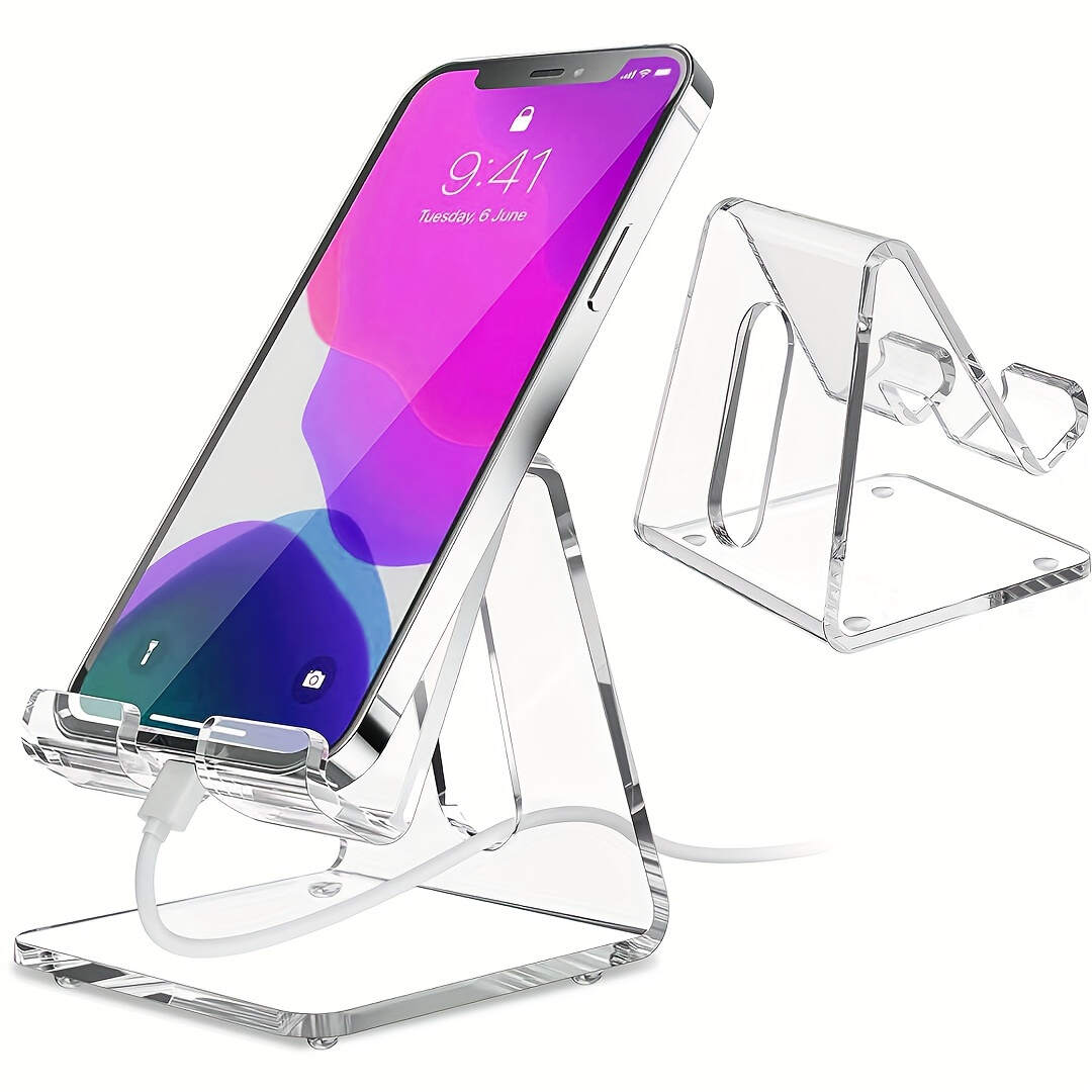 [Clear Phone Stand] Universal Clear Acrylic Phone Stand | ABS Material, Non-Slip Pads, Charging Hole, Ergonomic Design for All Smartphones 4-8 Inches - Office Desk Accessories