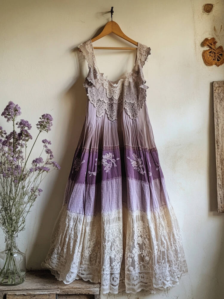 Boho Lavender Embroidered Pattern Lace Linen Dress